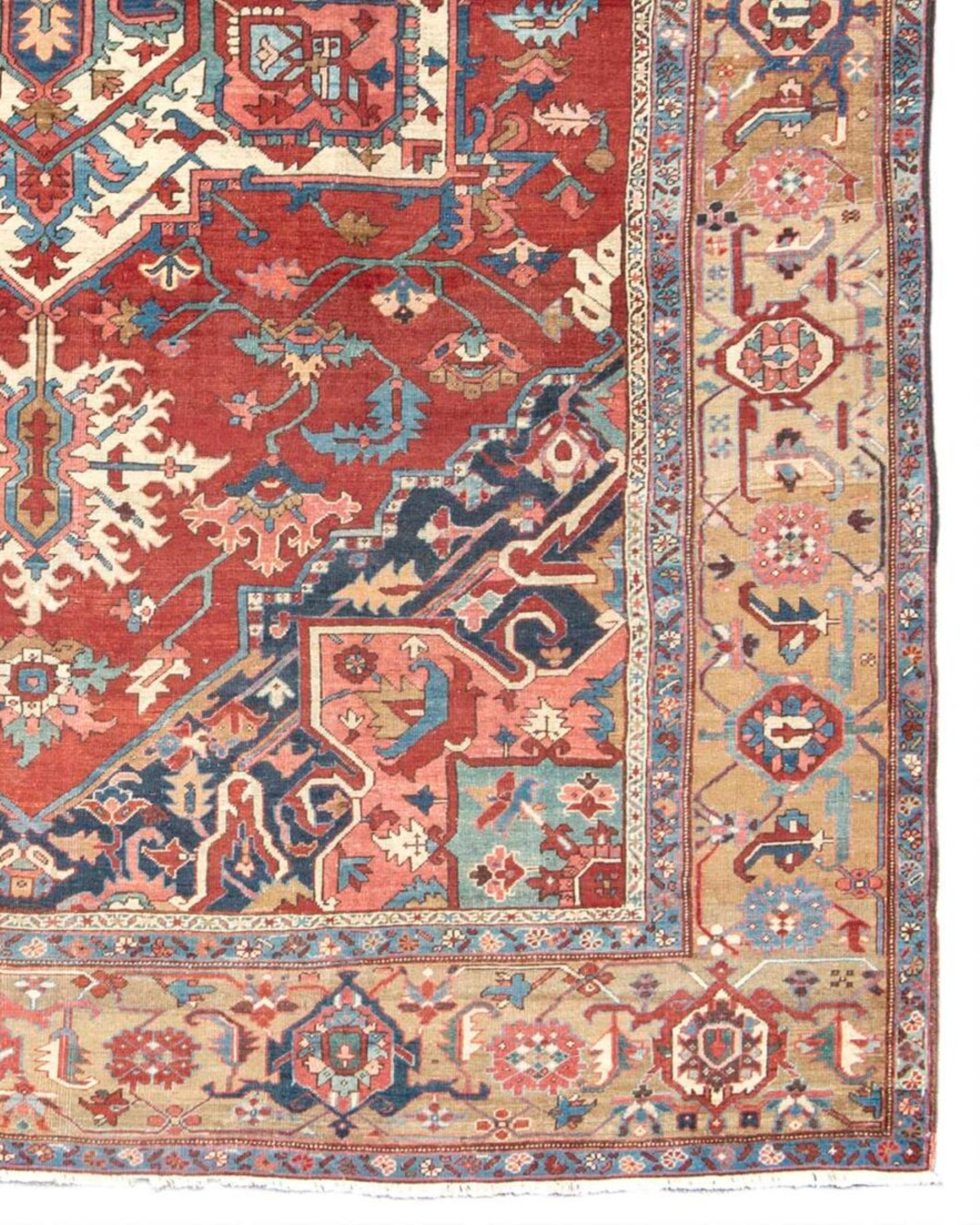 Antique Large Persian Serapi Carpet Rug, c. 1900

Serapi rugs and carpets were woven in the Heriz district of Northwest Persia starting in the Mid-19th century in response to a great increase in demand for rugs internationally. Prior to that, there
