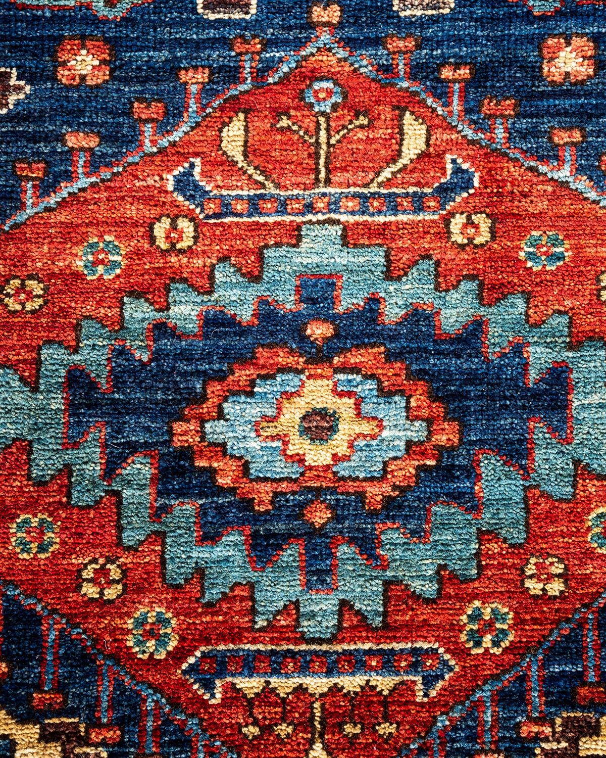 Tribal Serapi, One-of-a-kind Hand-Knotted Runner Rug, Blue For Sale