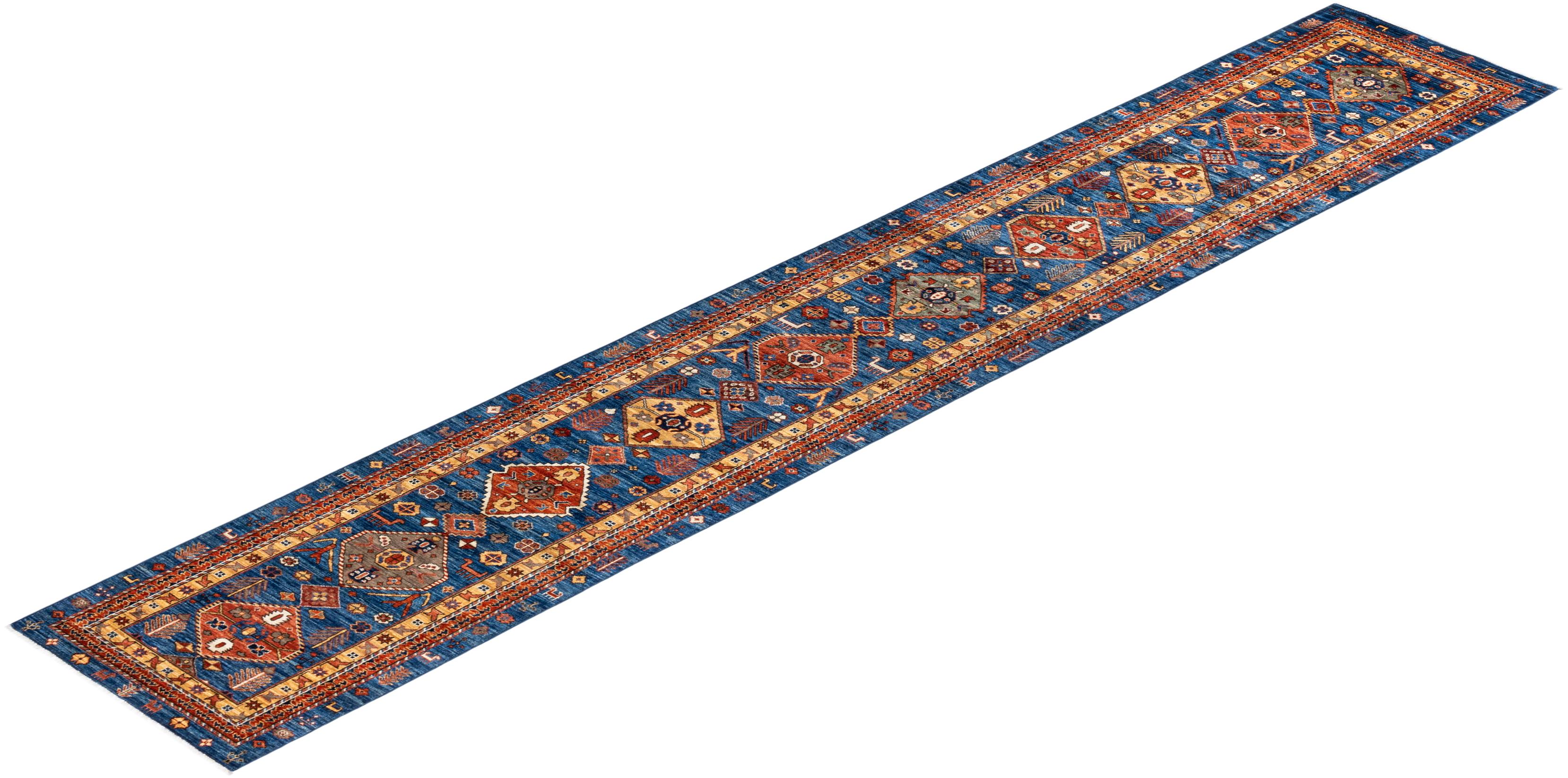 Tribal Serapi, One-of-a-Kind Hand-Knotted Runner Rug, Blue For Sale