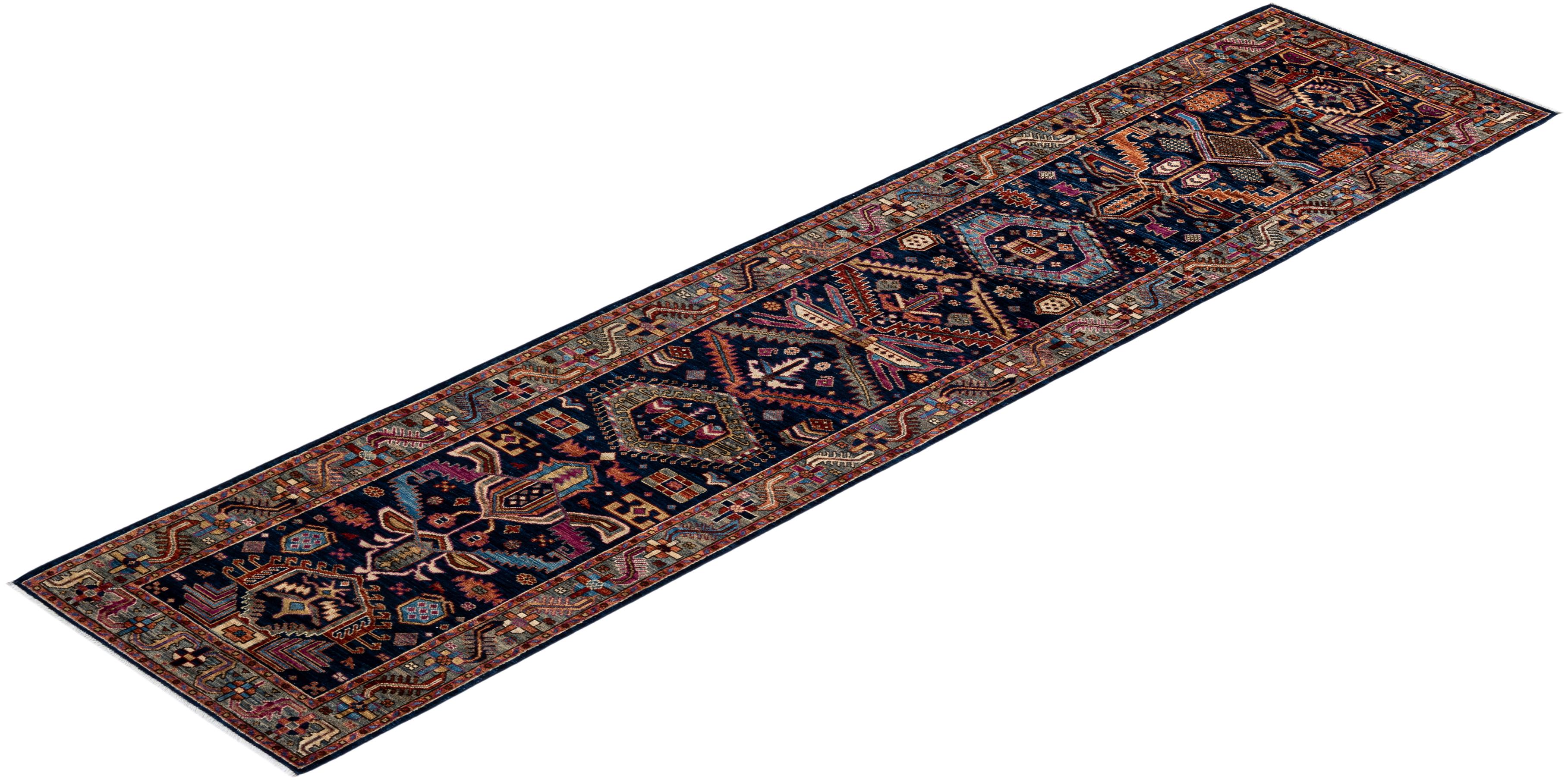 Tribal Serapi, One-of-a-kind Hand Knotted Runner Rug, Blue For Sale