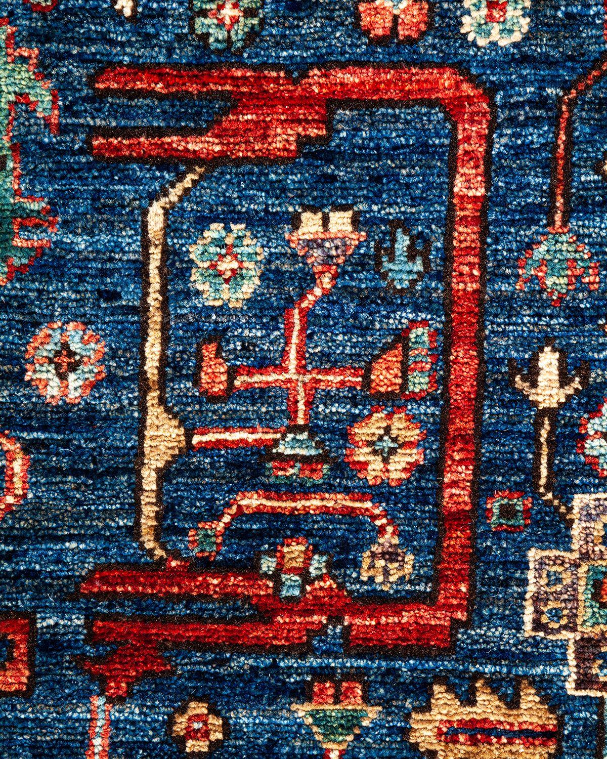 Tribal Serapi, One-of-a-Kind Hand-Knotted Runner Rug, Blue For Sale