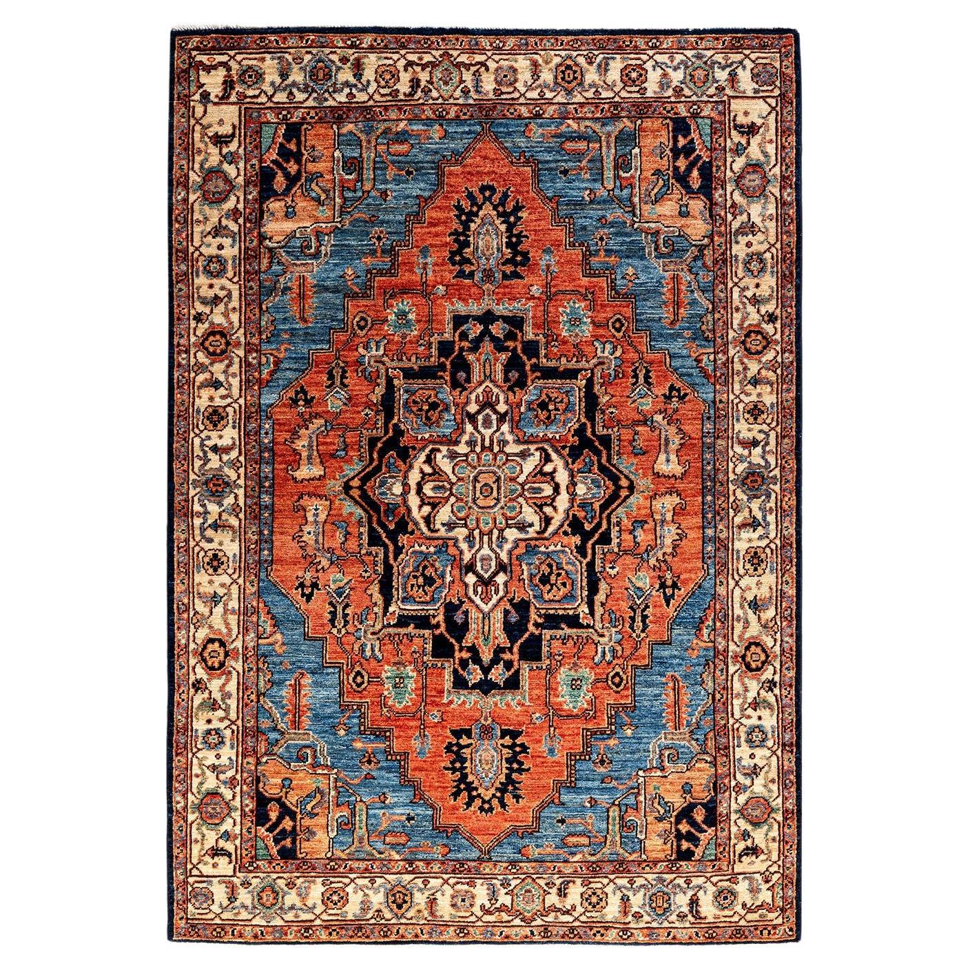 Serapi, One-of-a-Kind Hand Knotted Runner Rug, Blue For Sale