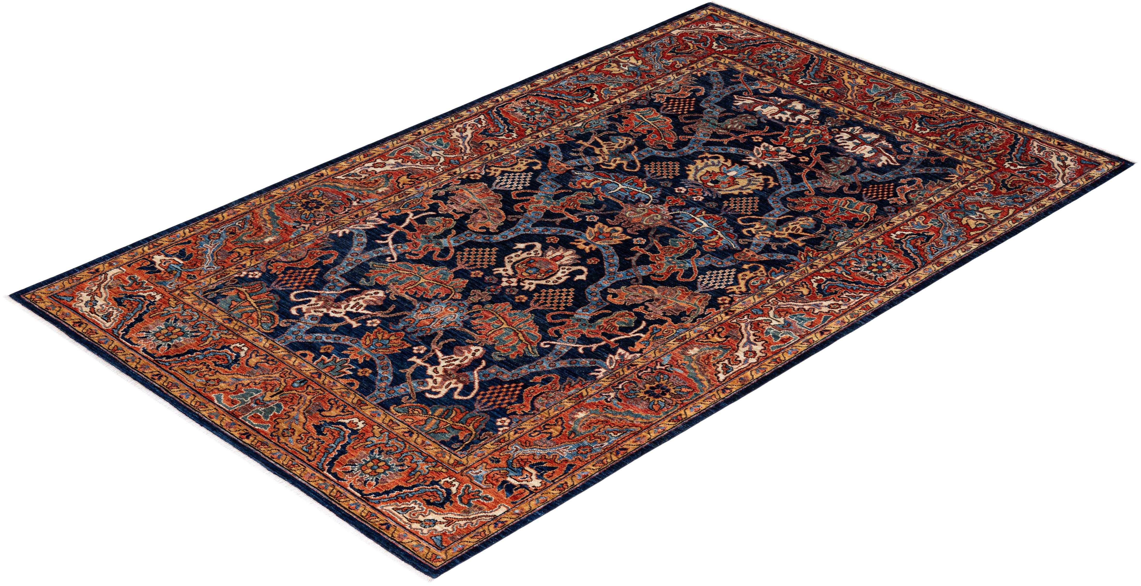 Serapi, One-of-a-Kind Hand-Knotted Runner Rug, Blue For Sale 1