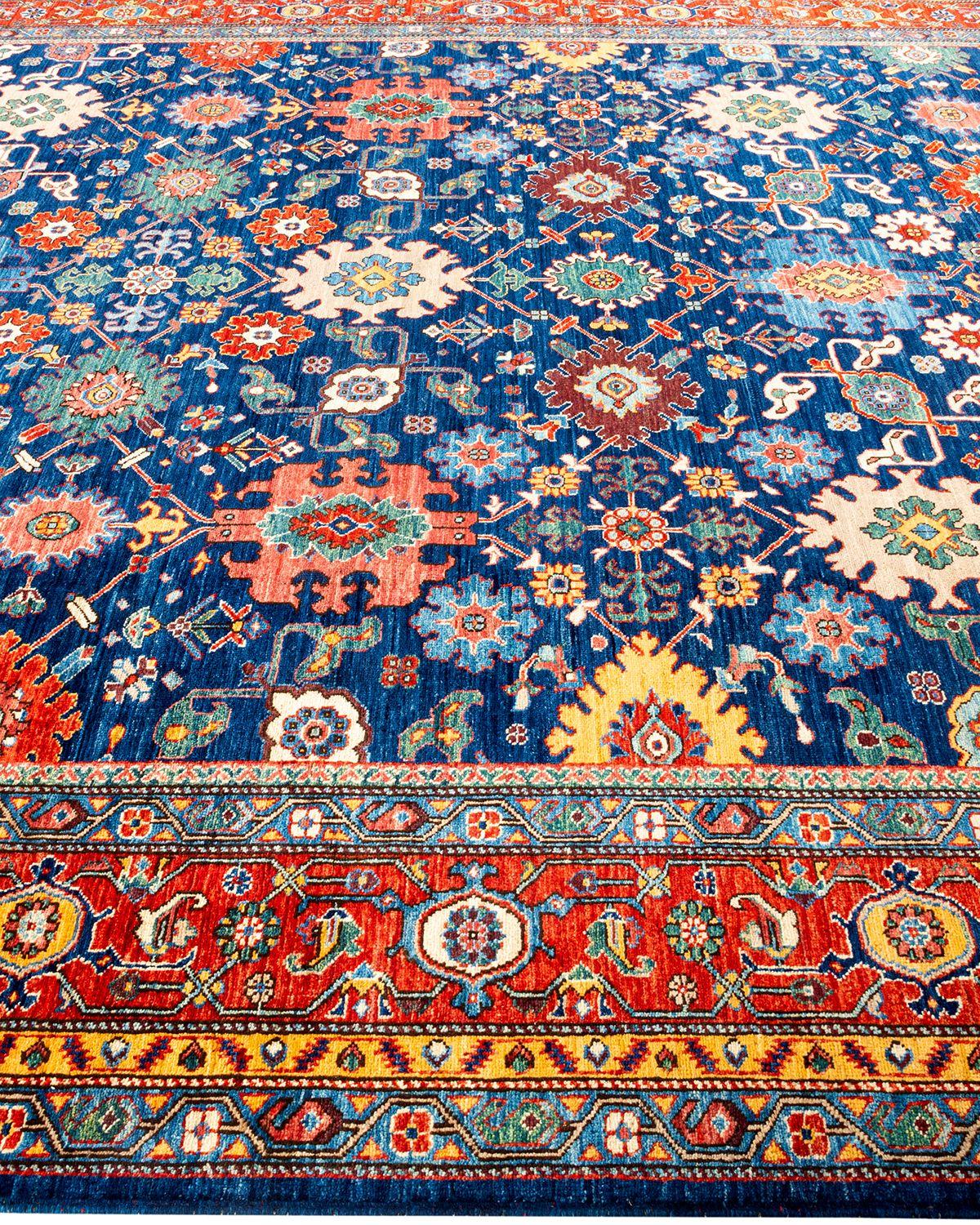 Pakistani Serapi, One-of-a-Kind Hand-Knotted Runner Rug, Blue