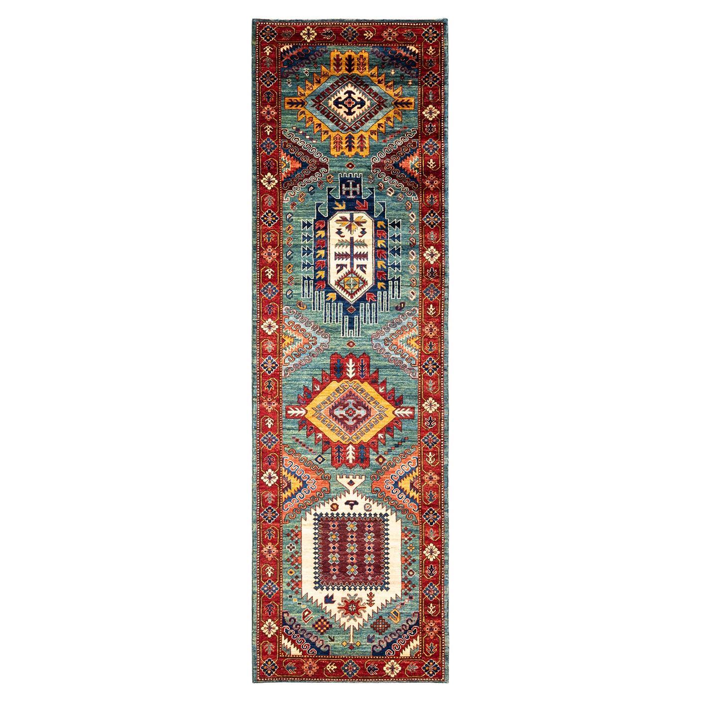 Serapi, One-of-a-kind Hand Knotted Runner Rug, Green For Sale