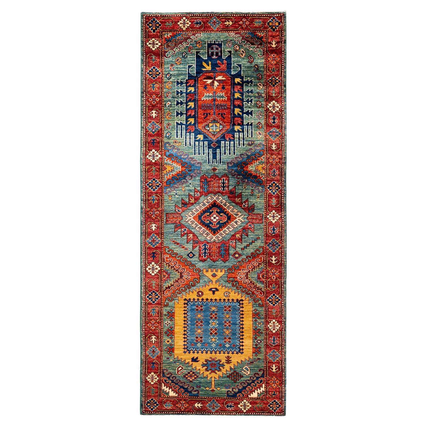 Serapi, One-of-a-Kind Hand-Knotted Runner Rug, Green For Sale