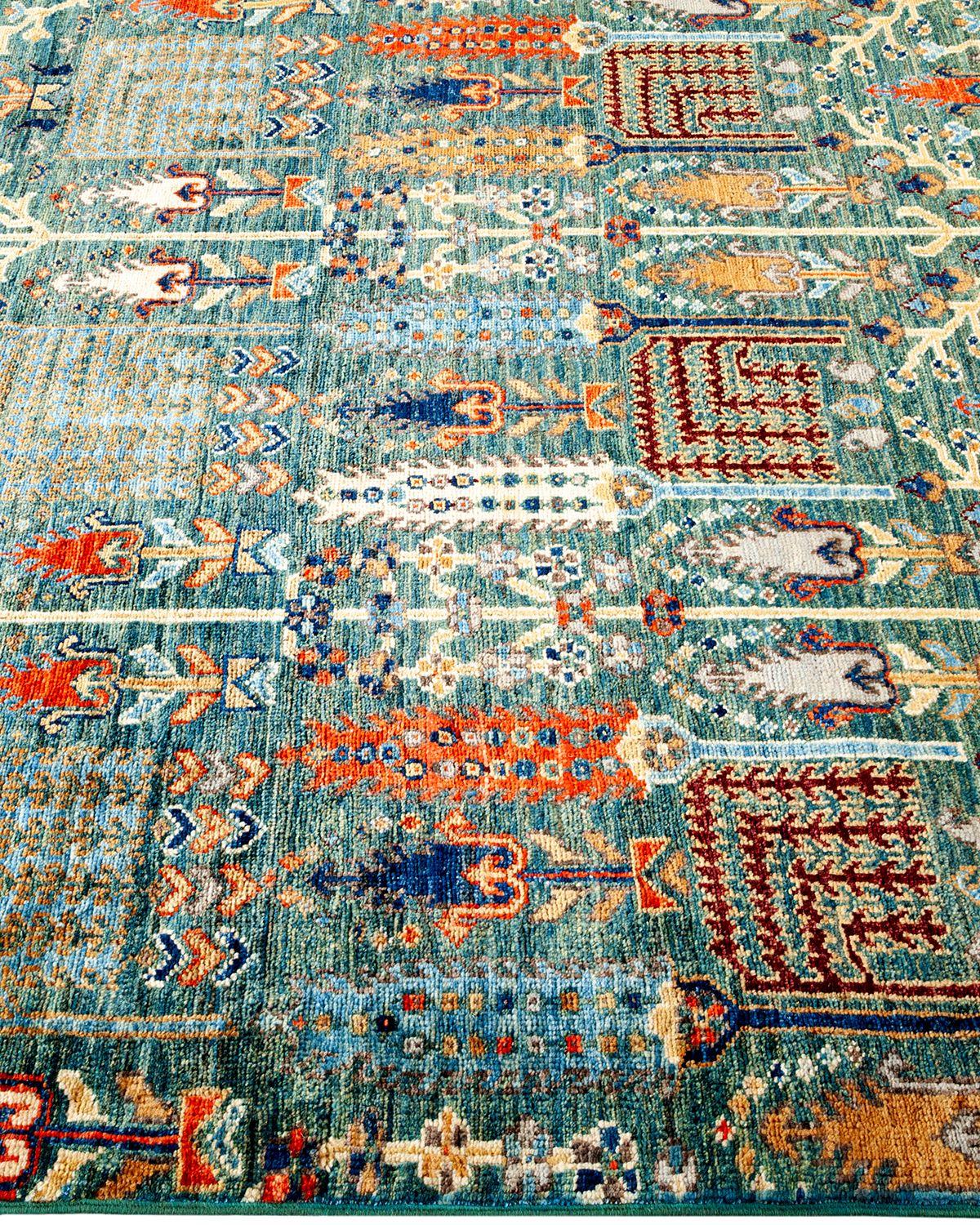 Pakistani Serapi, One-of-a-kind Hand Knotted Runner Rug, Green For Sale