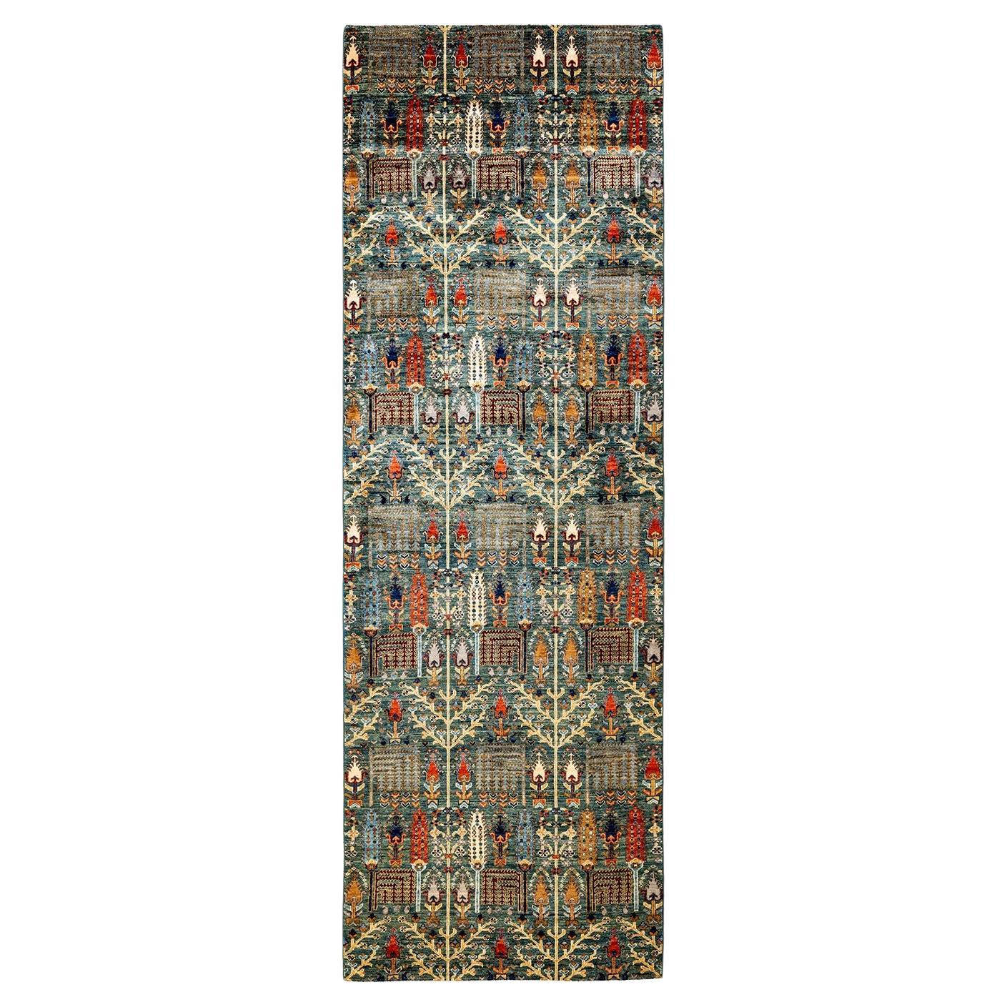 Serapi, One-of-a-kind Hand Knotted Runner Rug, Green For Sale