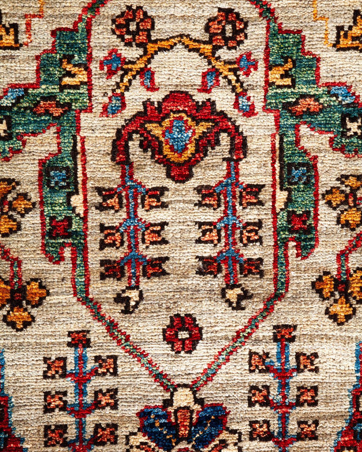 Tribal Serapi, One-of-a-Kind Hand Knotted Runner Rug, Ivory For Sale