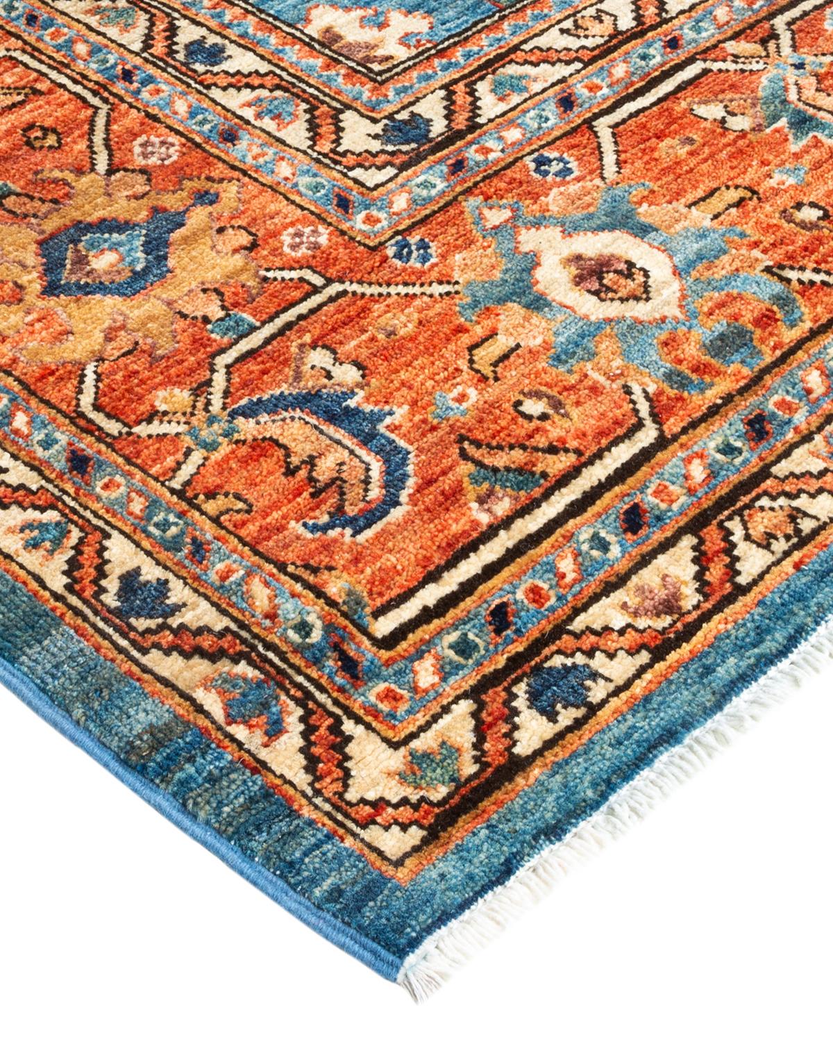 Tribal Serapi, One-of-a-Kind Hand-Knotted Runner Rug, Light Blue For Sale