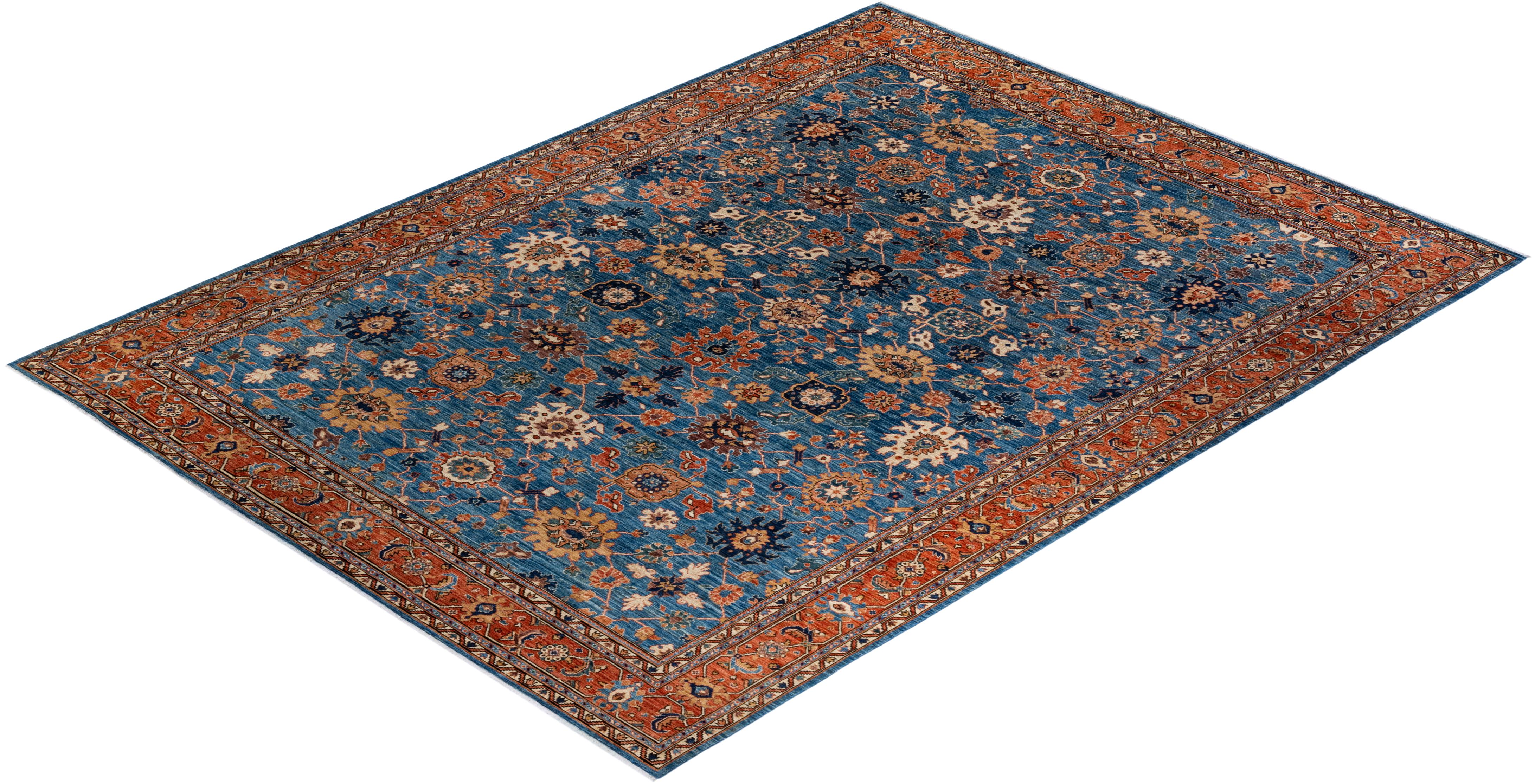 Pakistani Serapi, One-of-a-Kind Hand-Knotted Runner Rug, Light Blue For Sale