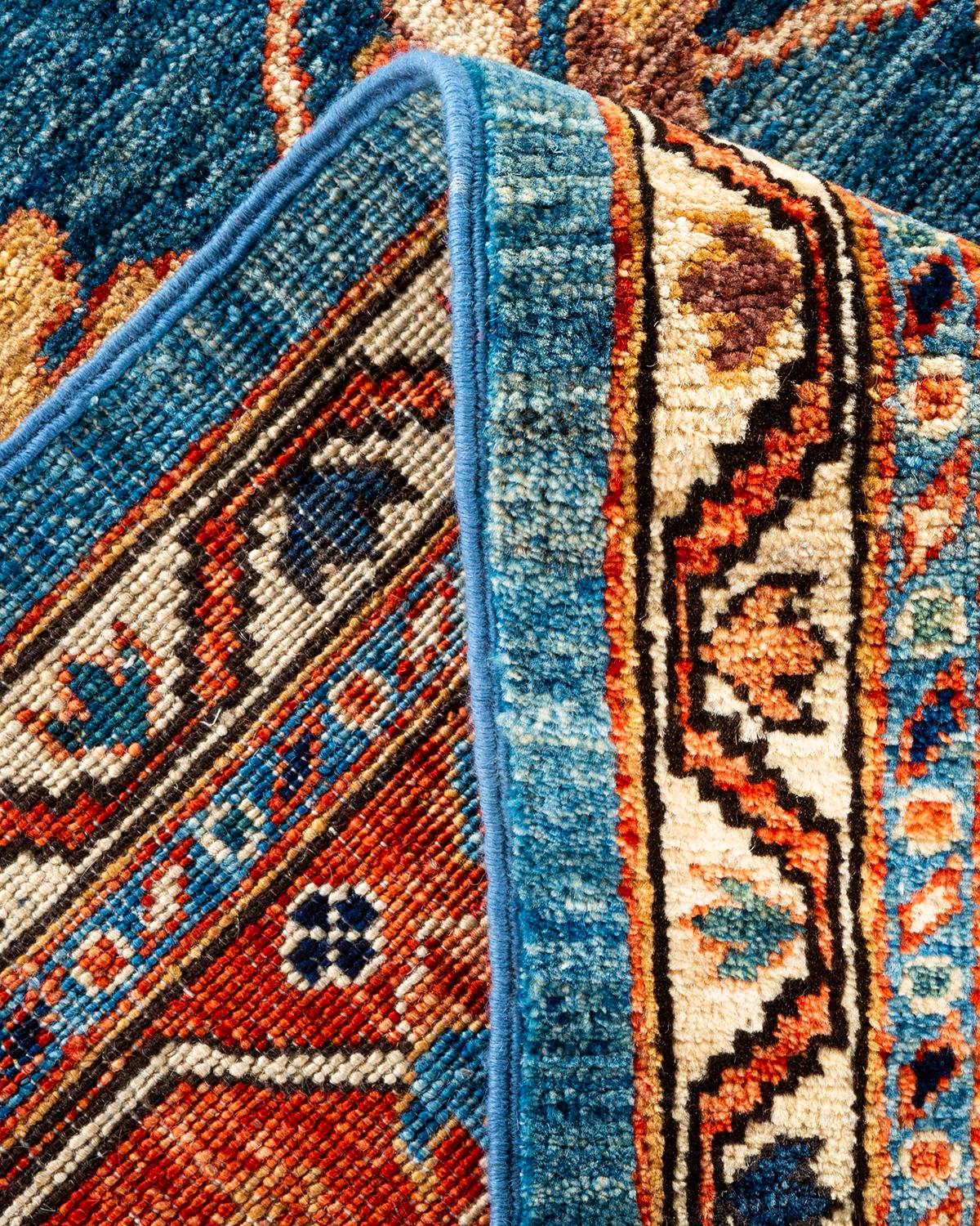 Contemporary Serapi, One-of-a-Kind Hand-Knotted Runner Rug, Light Blue For Sale