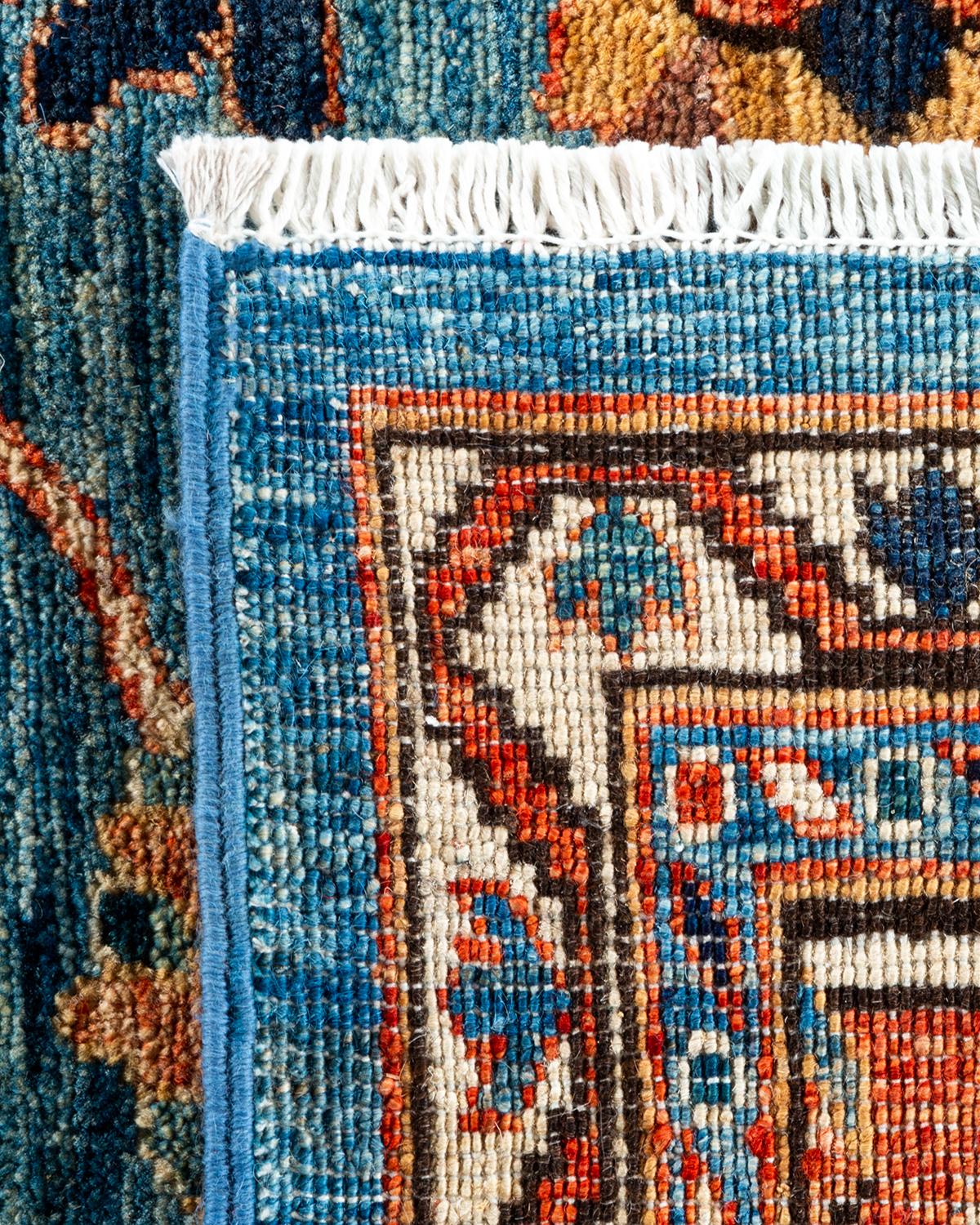 Wool Serapi, One-of-a-Kind Hand-Knotted Runner Rug, Light Blue For Sale