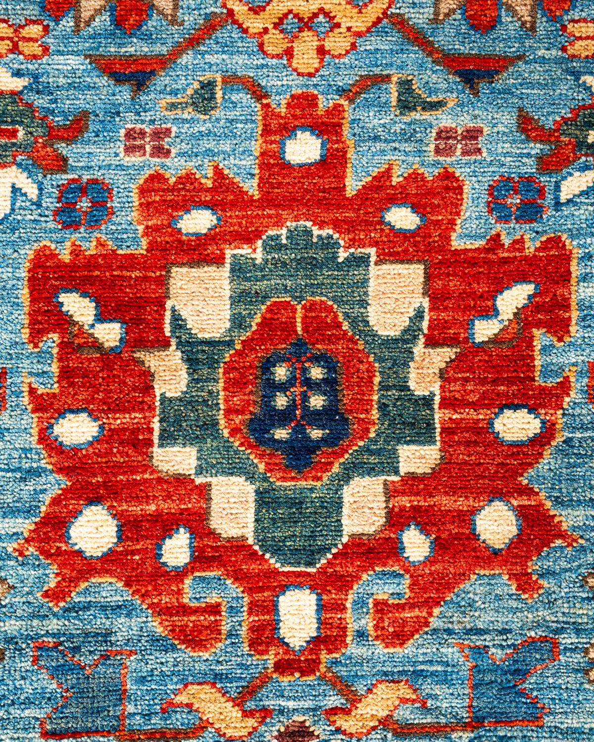 Tribal Serapi, One-of-a-Kind Hand-Knotted Runner Rug, Light Blue For Sale