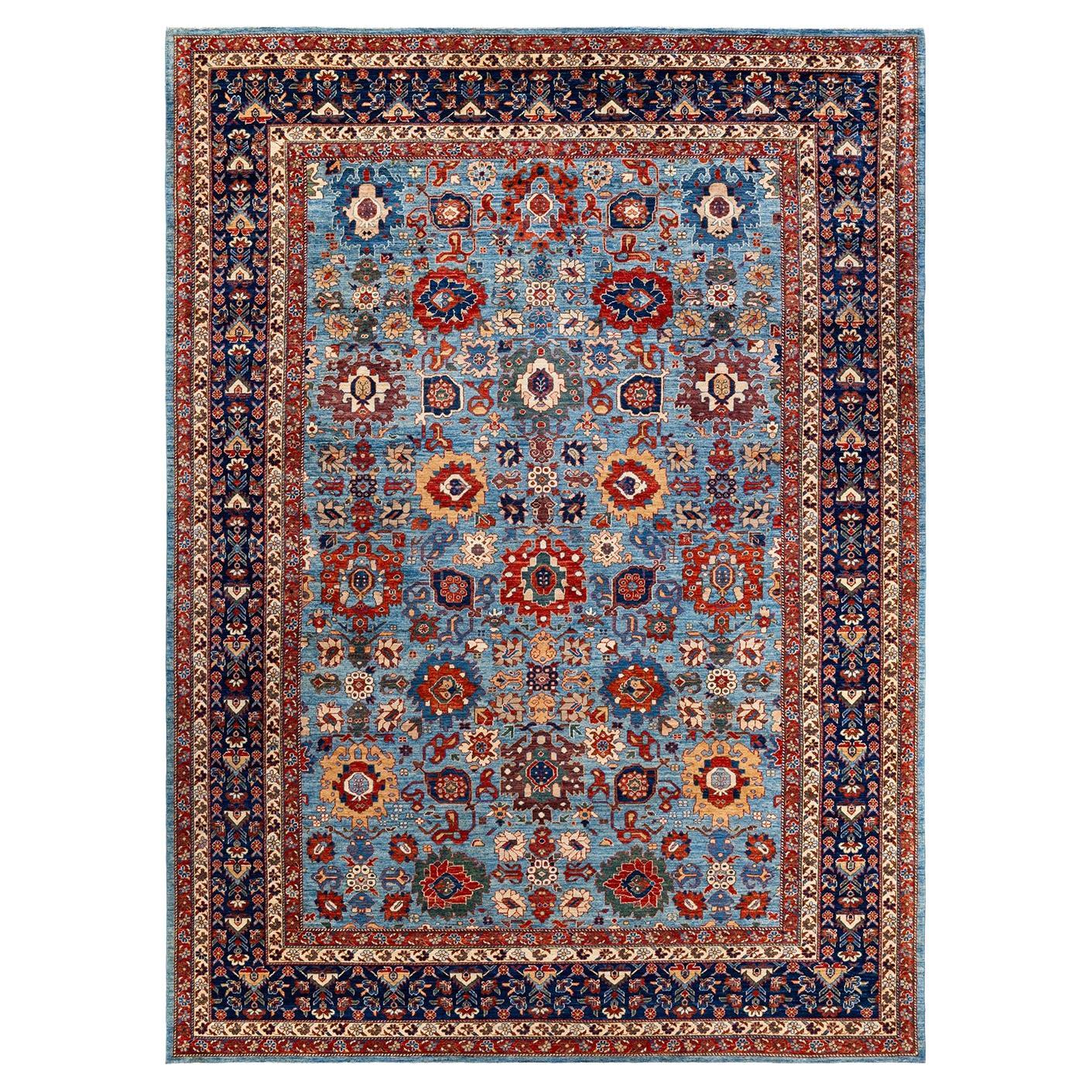 Serapi, One-of-a-Kind Hand-Knotted Runner Rug, Light Blue For Sale