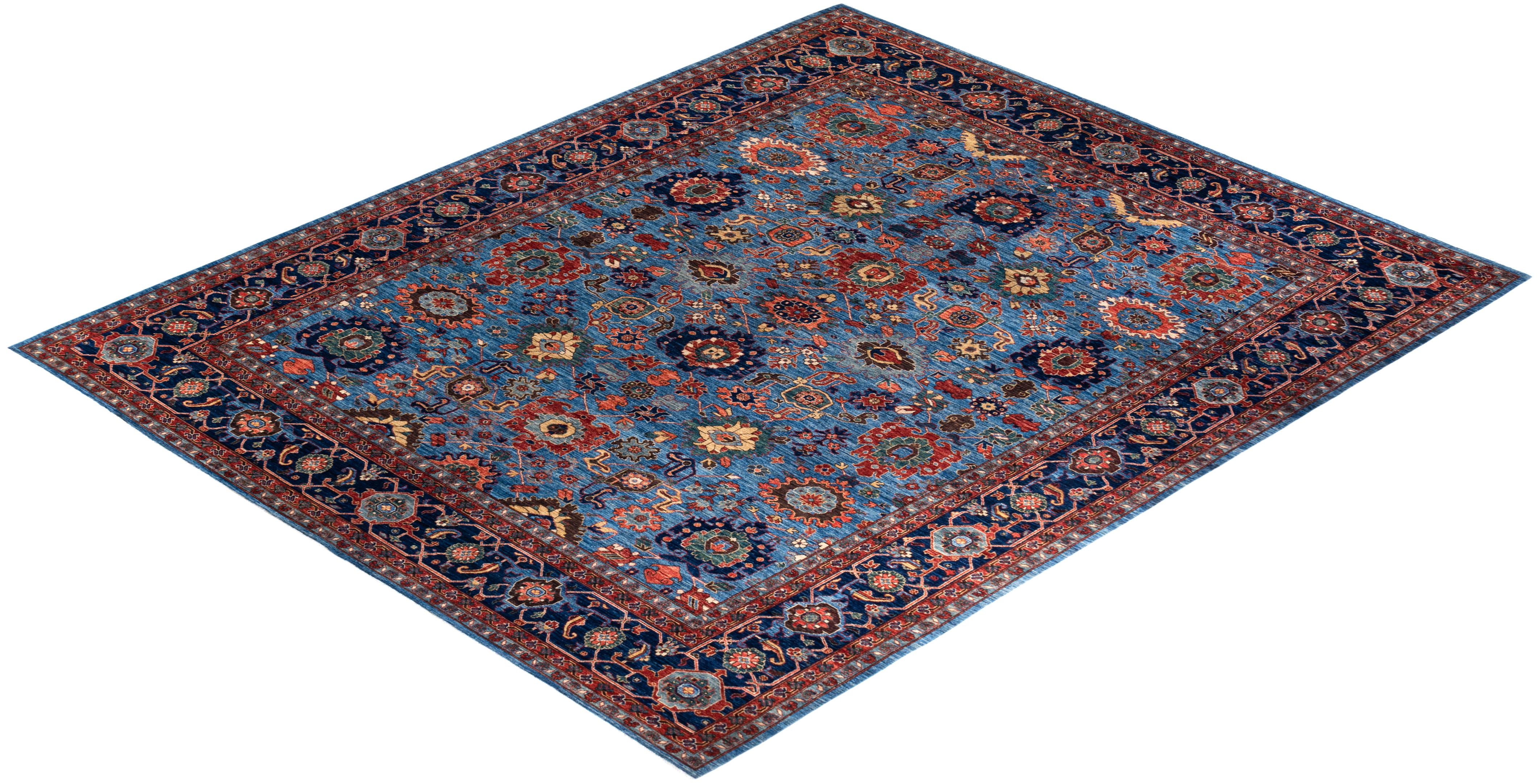 Pakistani Serapi, One-of-a-kind Hand-Knotted Runner Rug, Light Blue