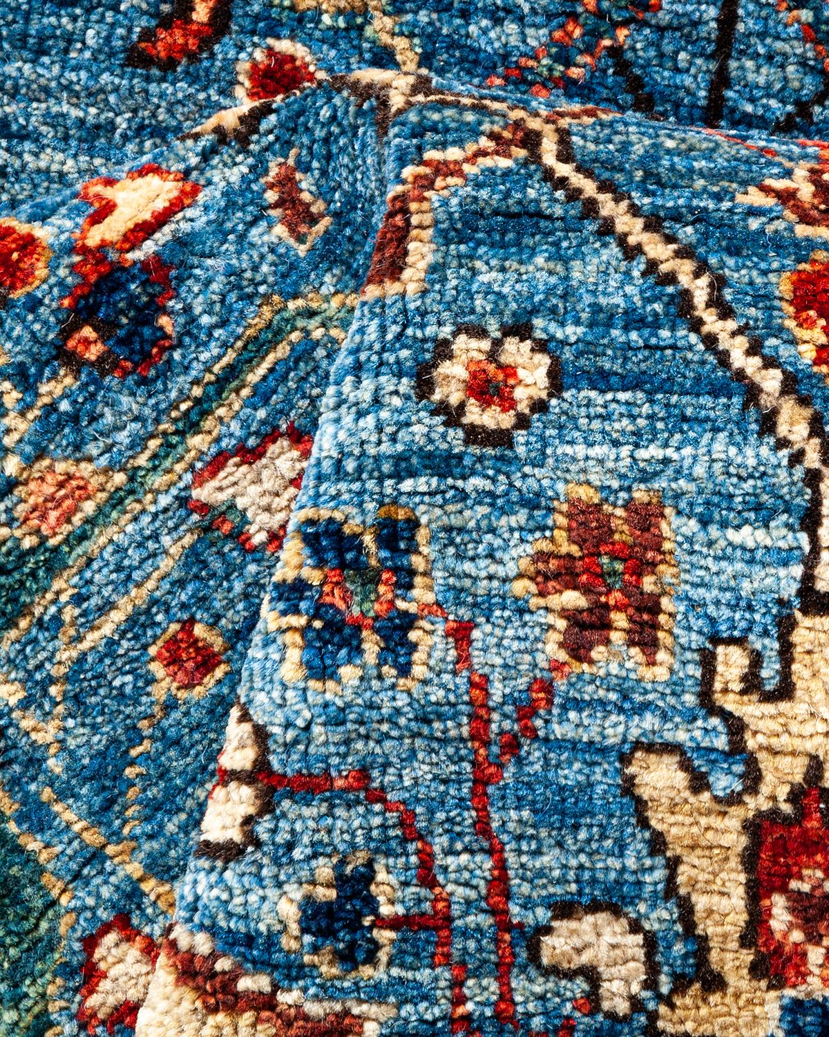 Tribal Serapi, One-of-a-kind Hand-Knotted Runner Rug, Light Blue For Sale