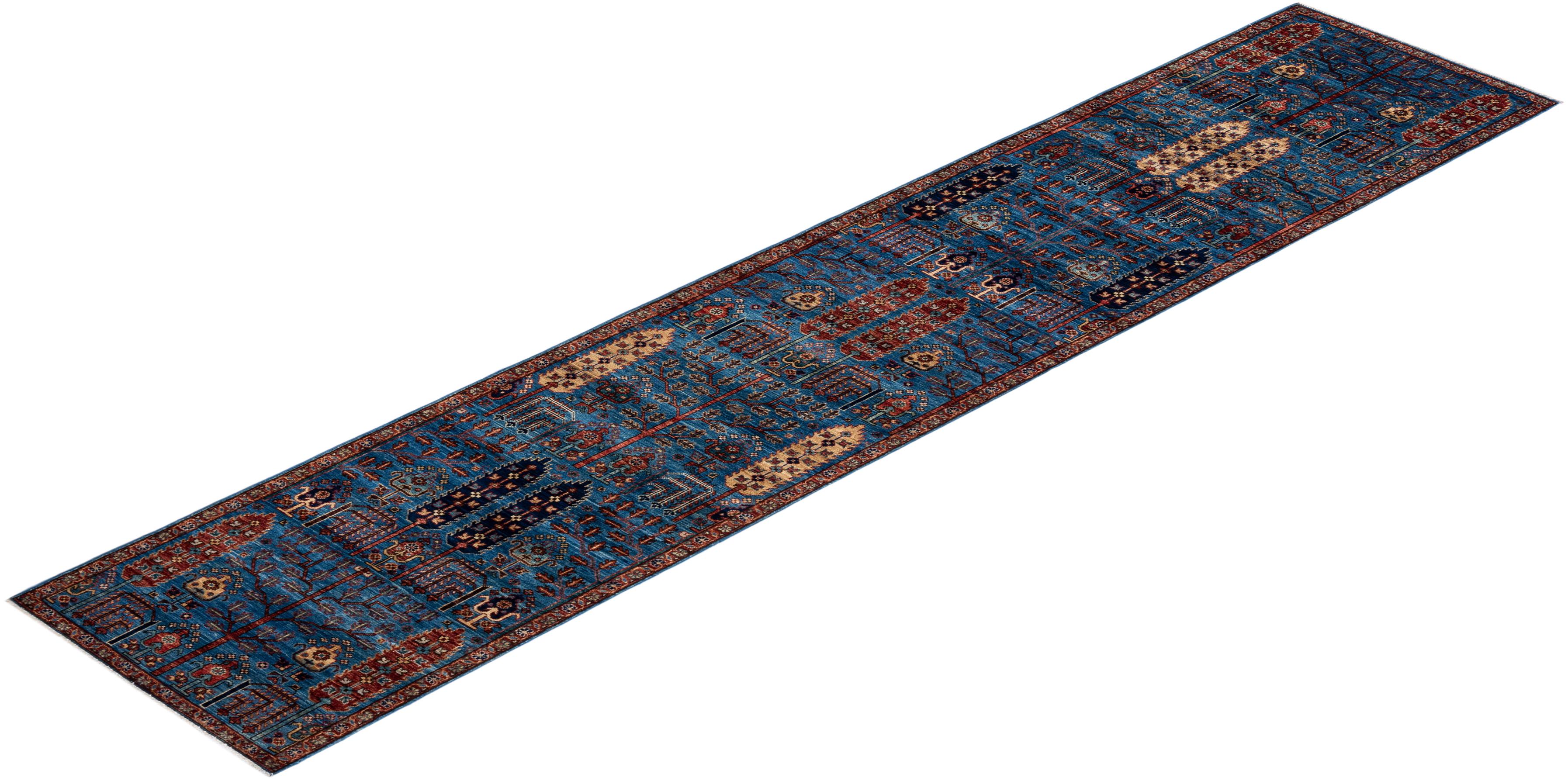 Contemporary Serapi, One-of-a-kind hand knotted Runner Rug, Light Blue For Sale