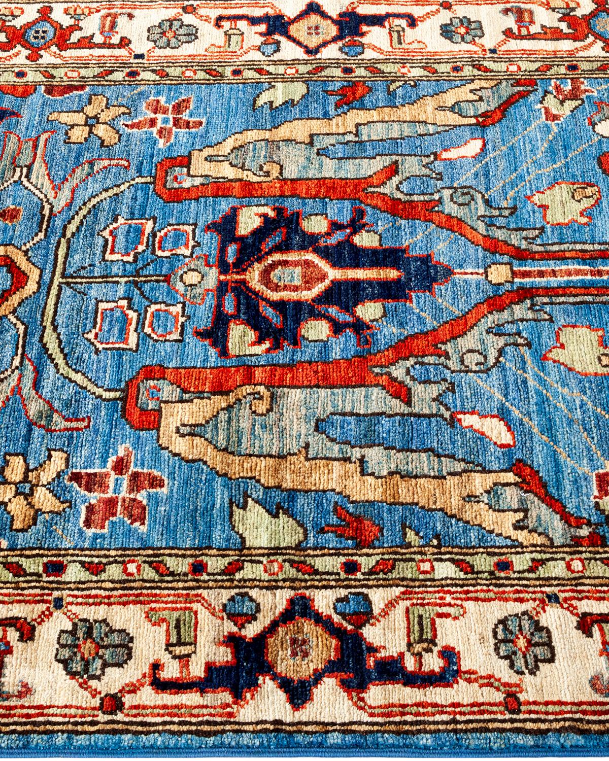 Wool Serapi, One-of-a-kind Hand Knotted Runner Rug, Light Blue For Sale