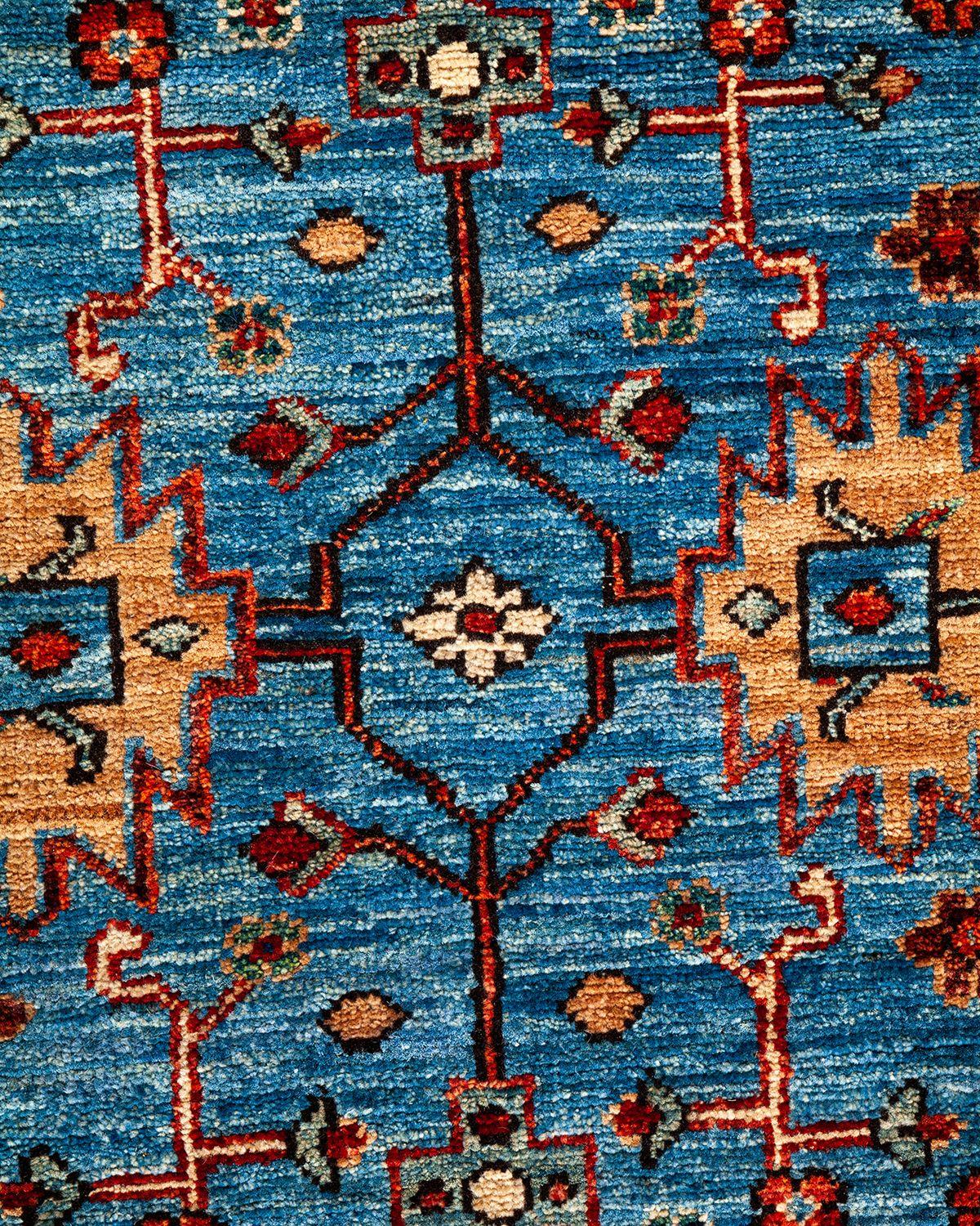 Tribal Serapi, One-of-a-kind Hand Knotted Runner Rug, Light Blue For Sale