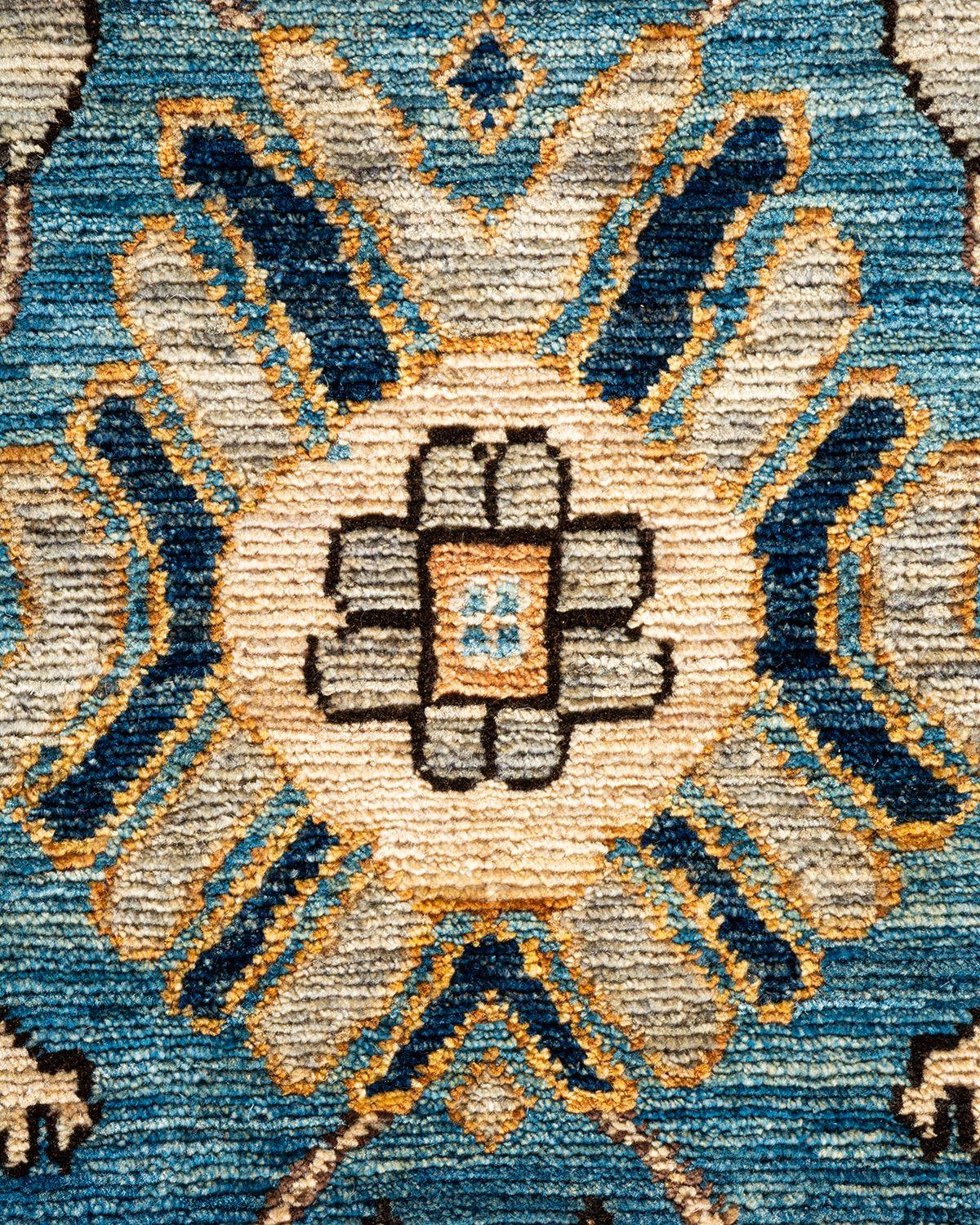 Tribal Serapi, One-of-a-kind hand knotted Runner Rug, Light Blue For Sale