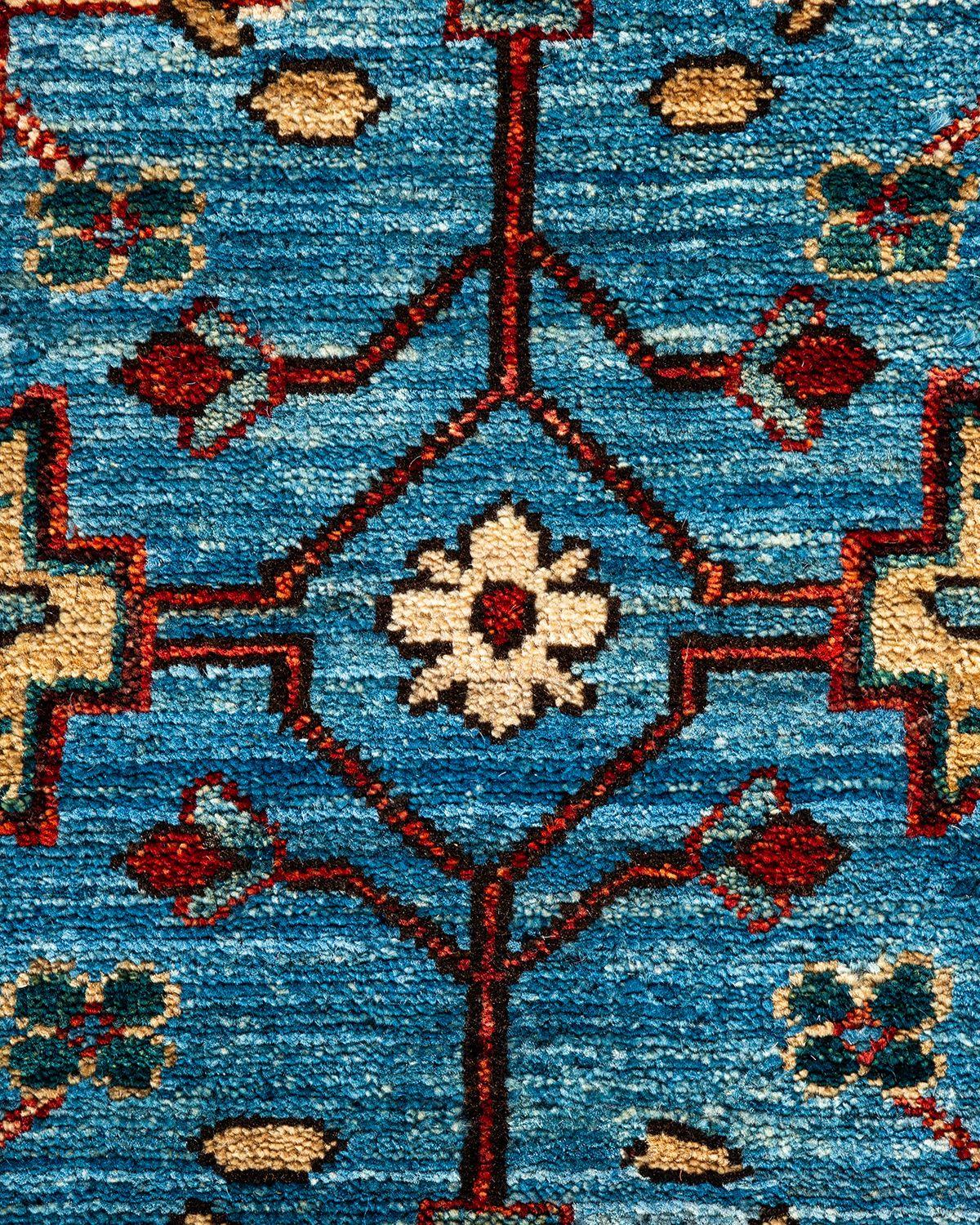 Tribal Serapi, One-of-a-Kind Hand Knotted Runner Rug, Light Blue For Sale