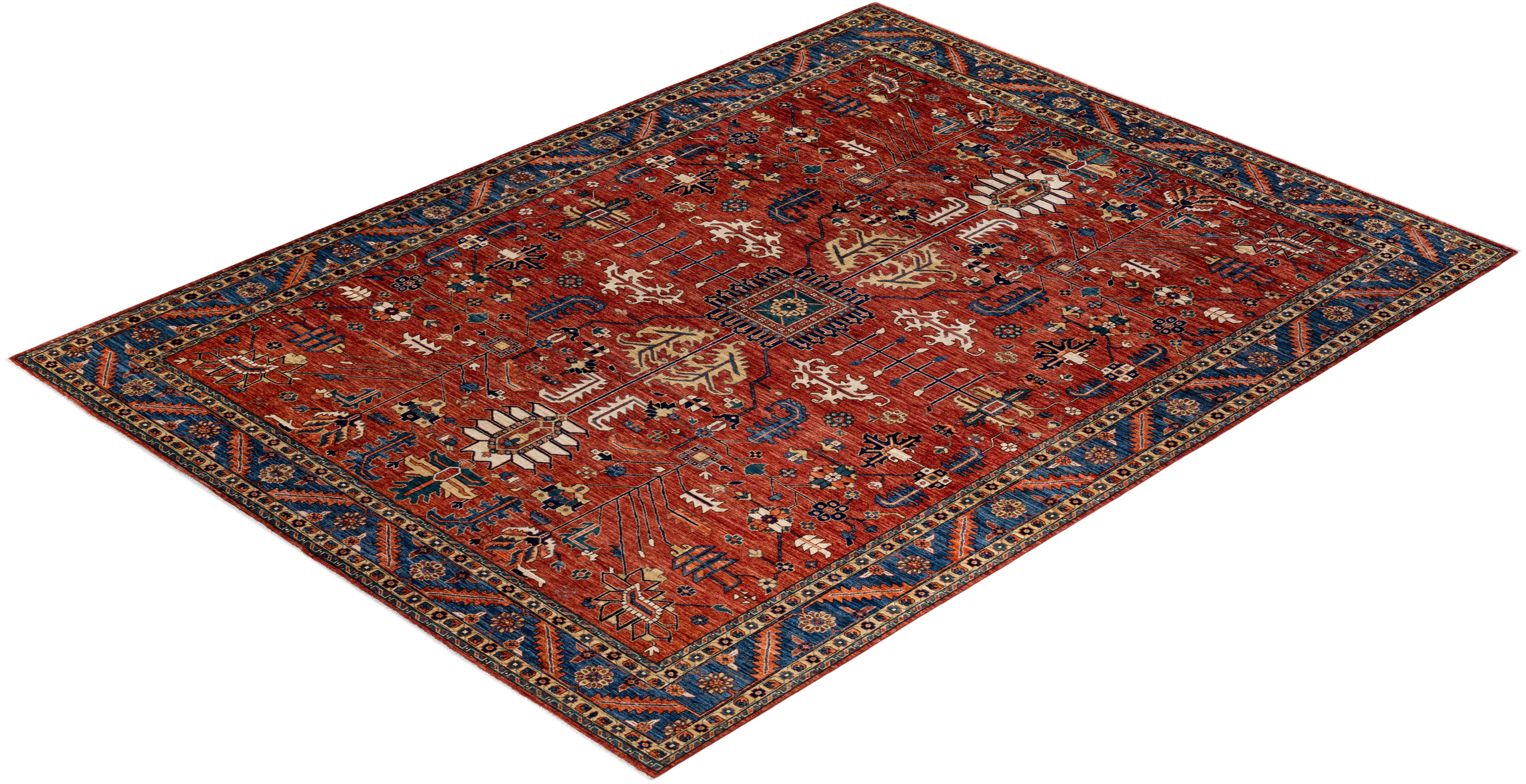 Pakistani Serapi, One of a Kind Hand-Knotted Runner Rug, Orange For Sale
