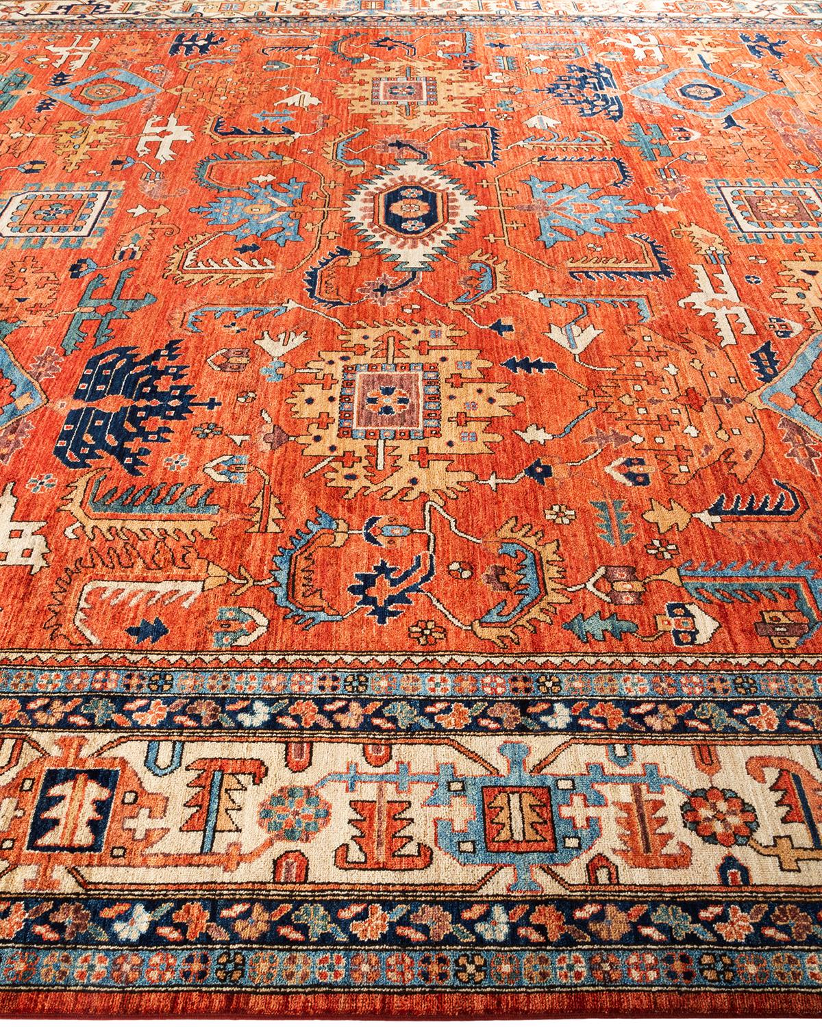 Pakistani Serapi, One-of-a-Kind Hand-Knotted Runner Rug, Orange For Sale
