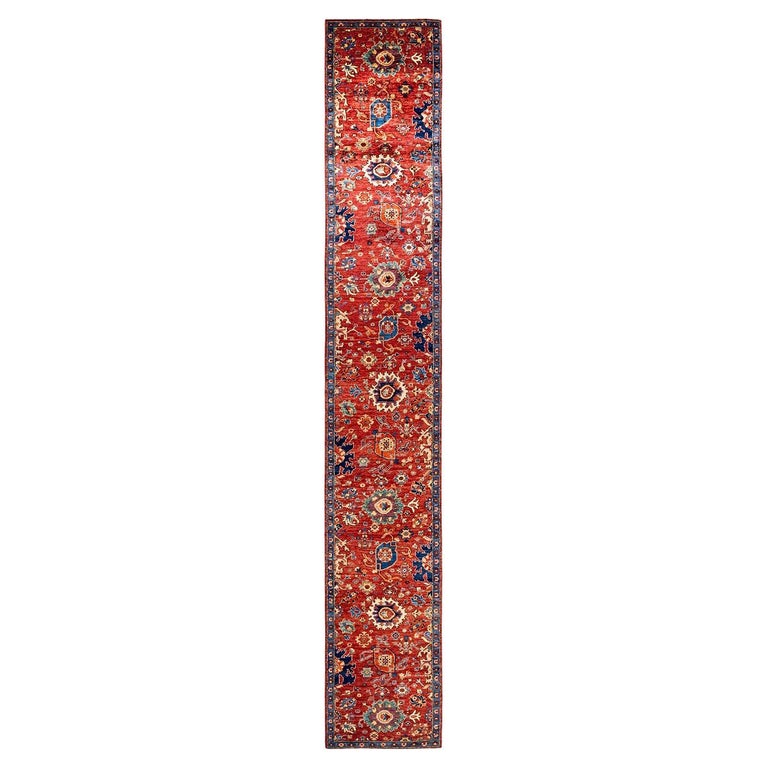 Hand Rummer Serapi, One of a Kind Hand-Knotted Runner Rug, Orange For Sale at 1stDibs