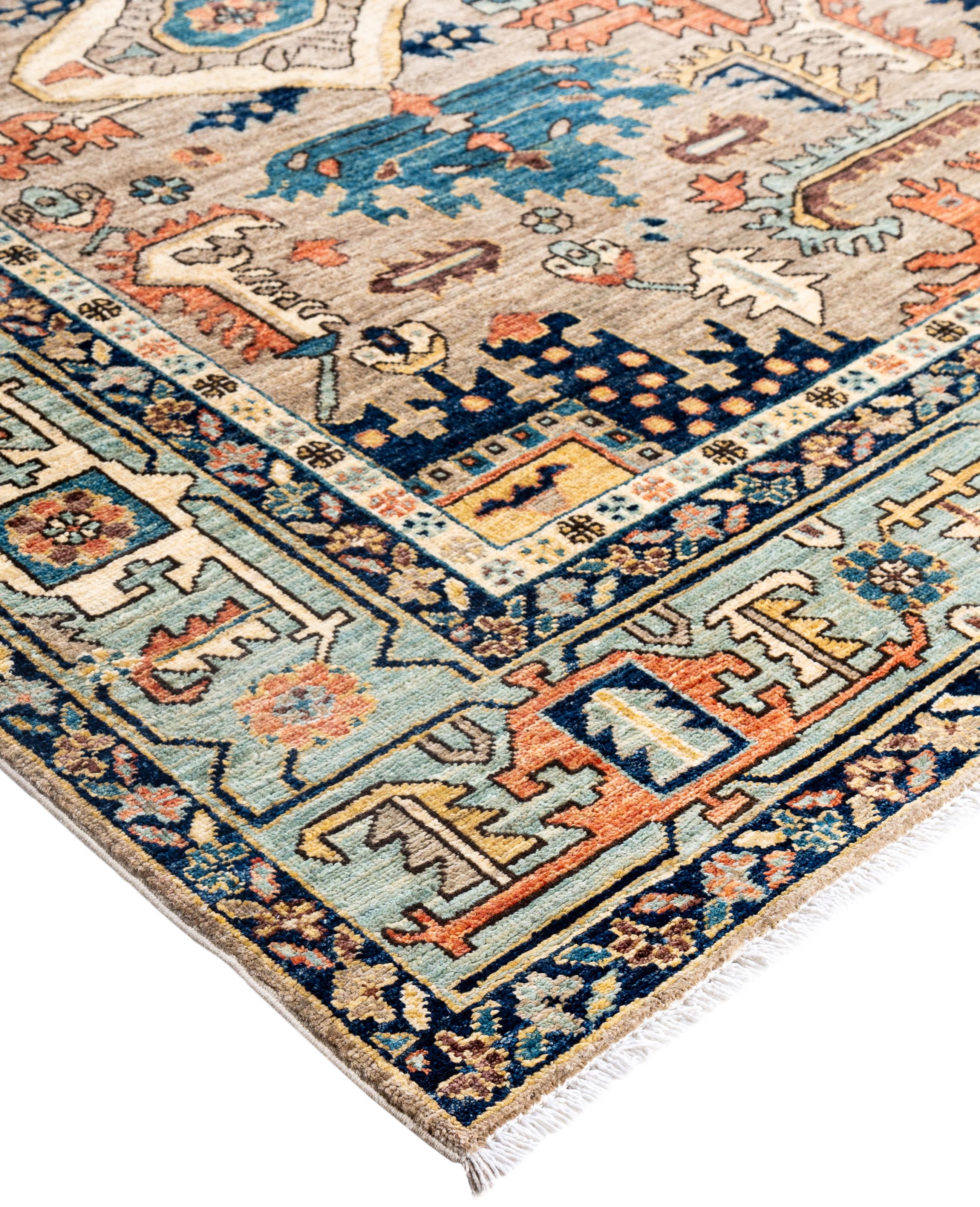 Serapi rugs are known for their bold, geometric designs and rich colors, often featuring a central medallion surrounded by intricate patterns. They typically use a warm, earthy color palette with deep reds, blues, ivory, and occasional greens. The