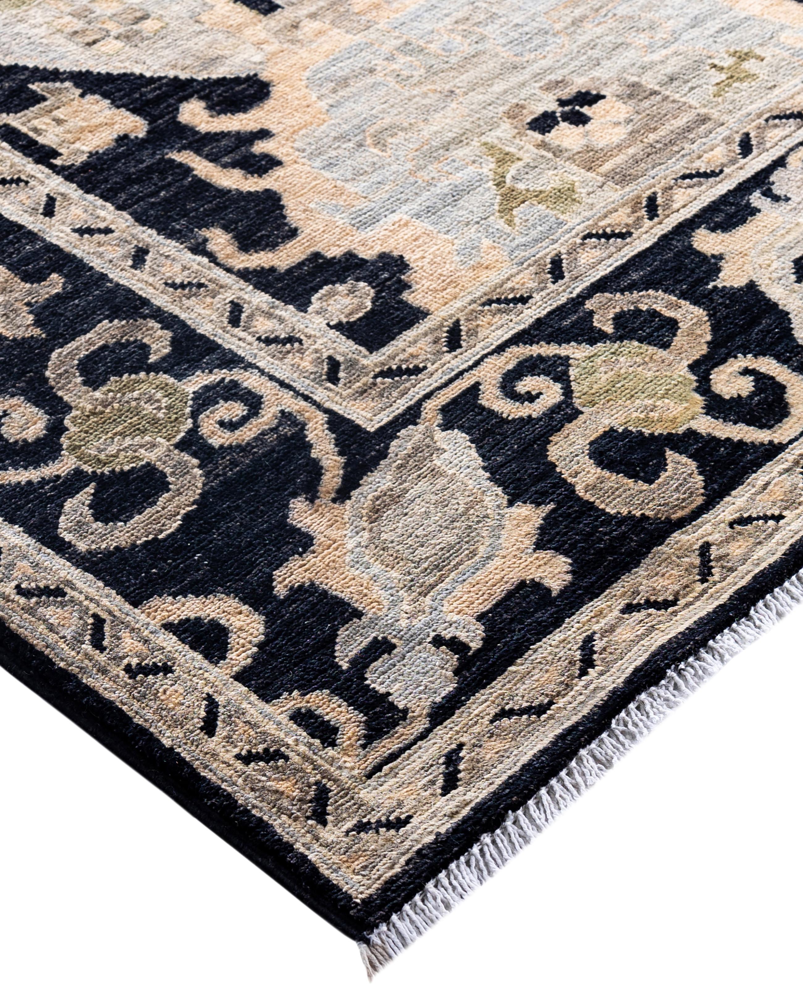 Serapi rugs are known for their bold, geometric designs and rich colors, often featuring a central medallion surrounded by intricate patterns. They typically use a warm, earthy color palette with deep reds, blues, ivory, and occasional greens. The