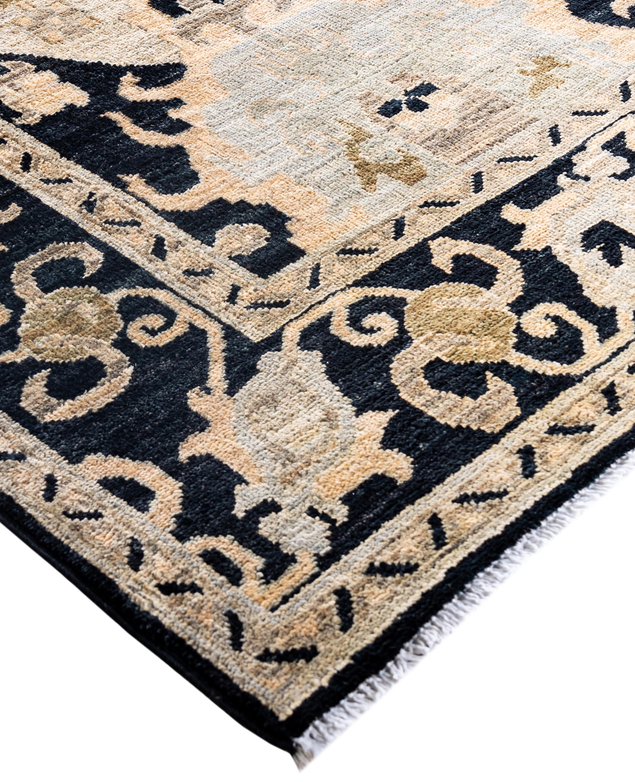 Serapi rugs are known for their bold, geometric designs and rich colors, often featuring a central medallion surrounded by intricate patterns. They typically use a warm, earthy color palette with deep reds, blues, ivory, and occasional greens. The