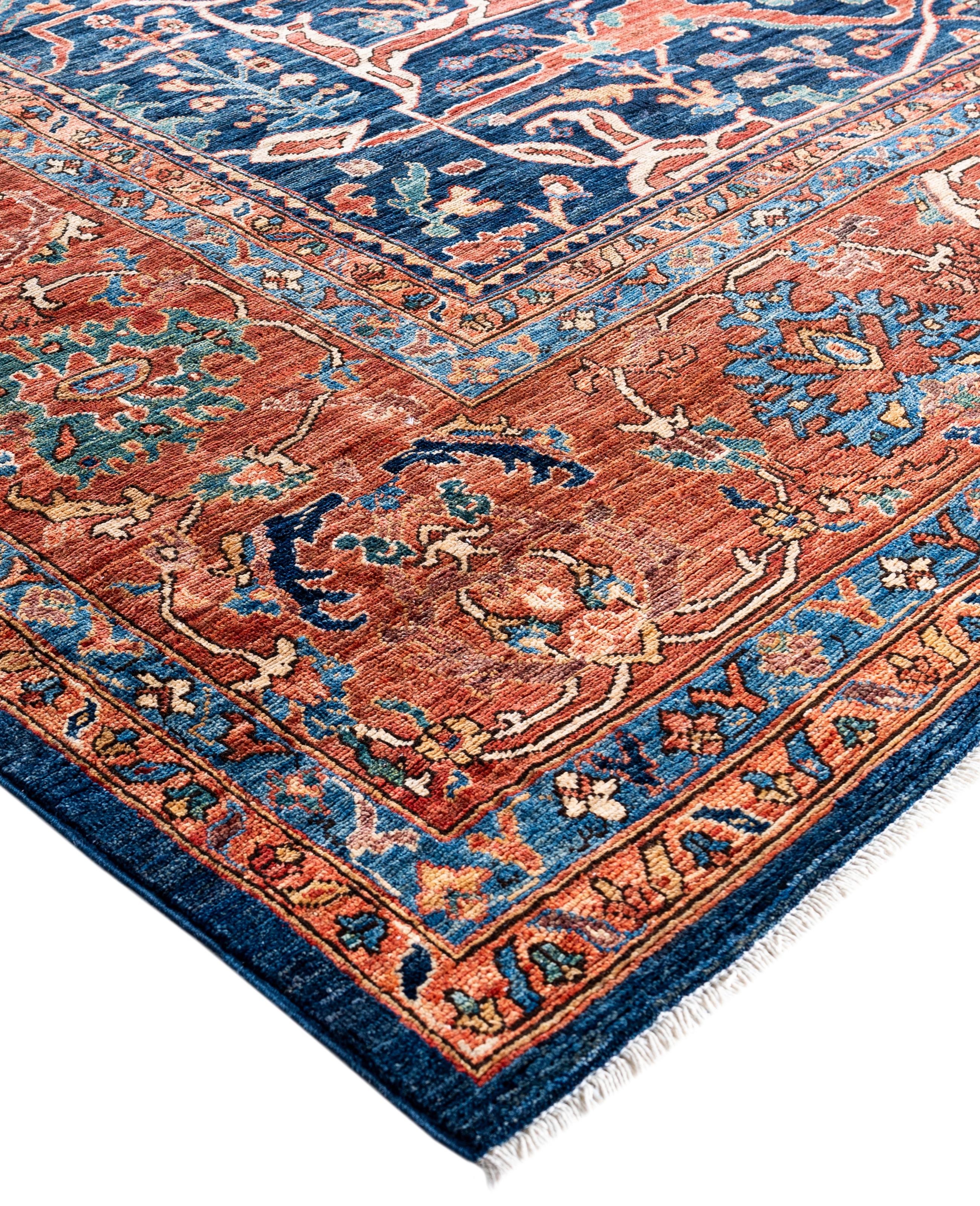 Serapi rugs are known for their bold, geometric designs and rich colors, often featuring a central medallion surrounded by intricate patterns. They typically use a warm, earthy color palette with deep reds, blues, ivory, and occasional greens. The