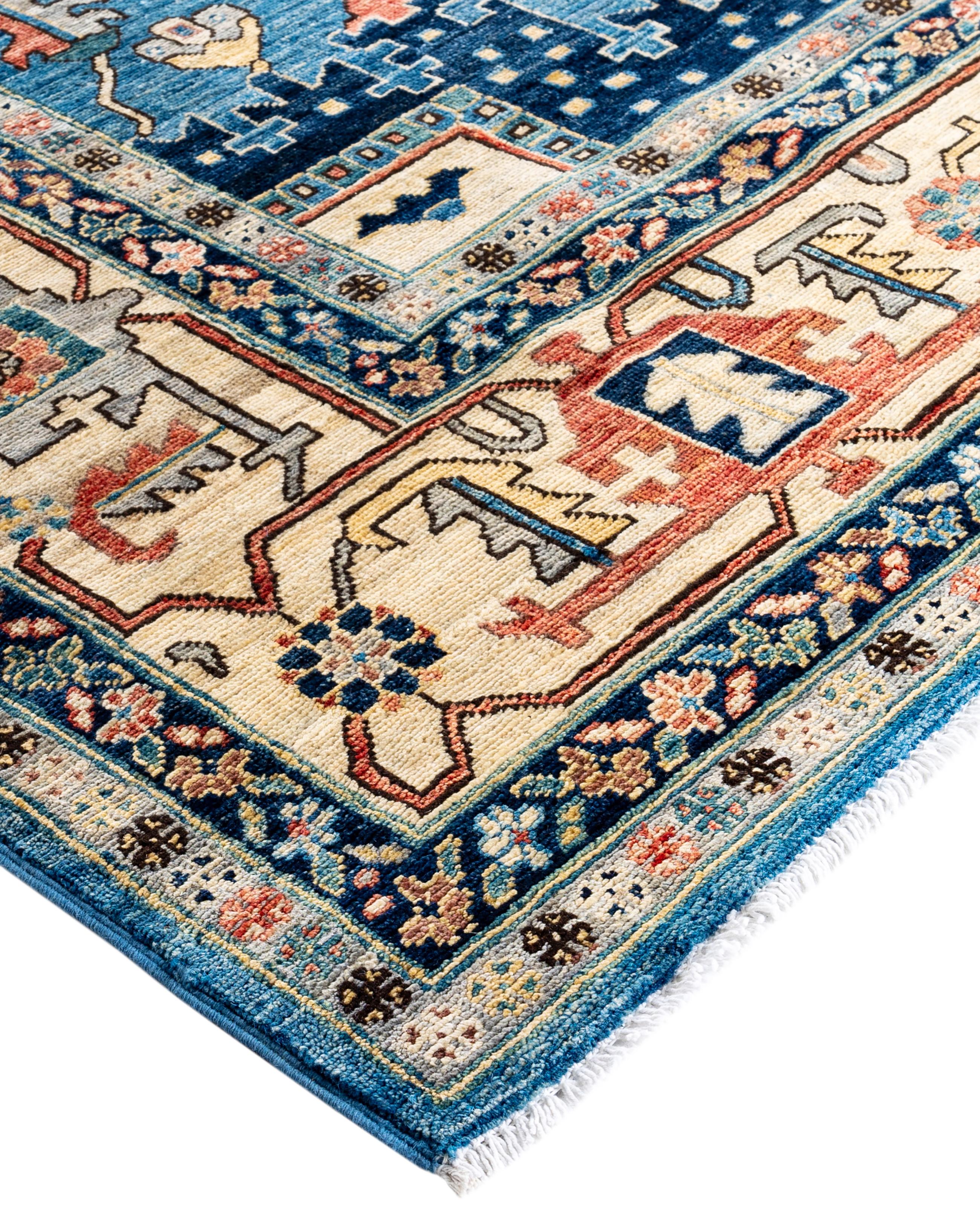 Serapi rugs are known for their bold, geometric designs and rich colors, often featuring a central medallion surrounded by intricate patterns. They typically use a warm, earthy color palette with deep reds, blues, ivory, and occasional greens. The