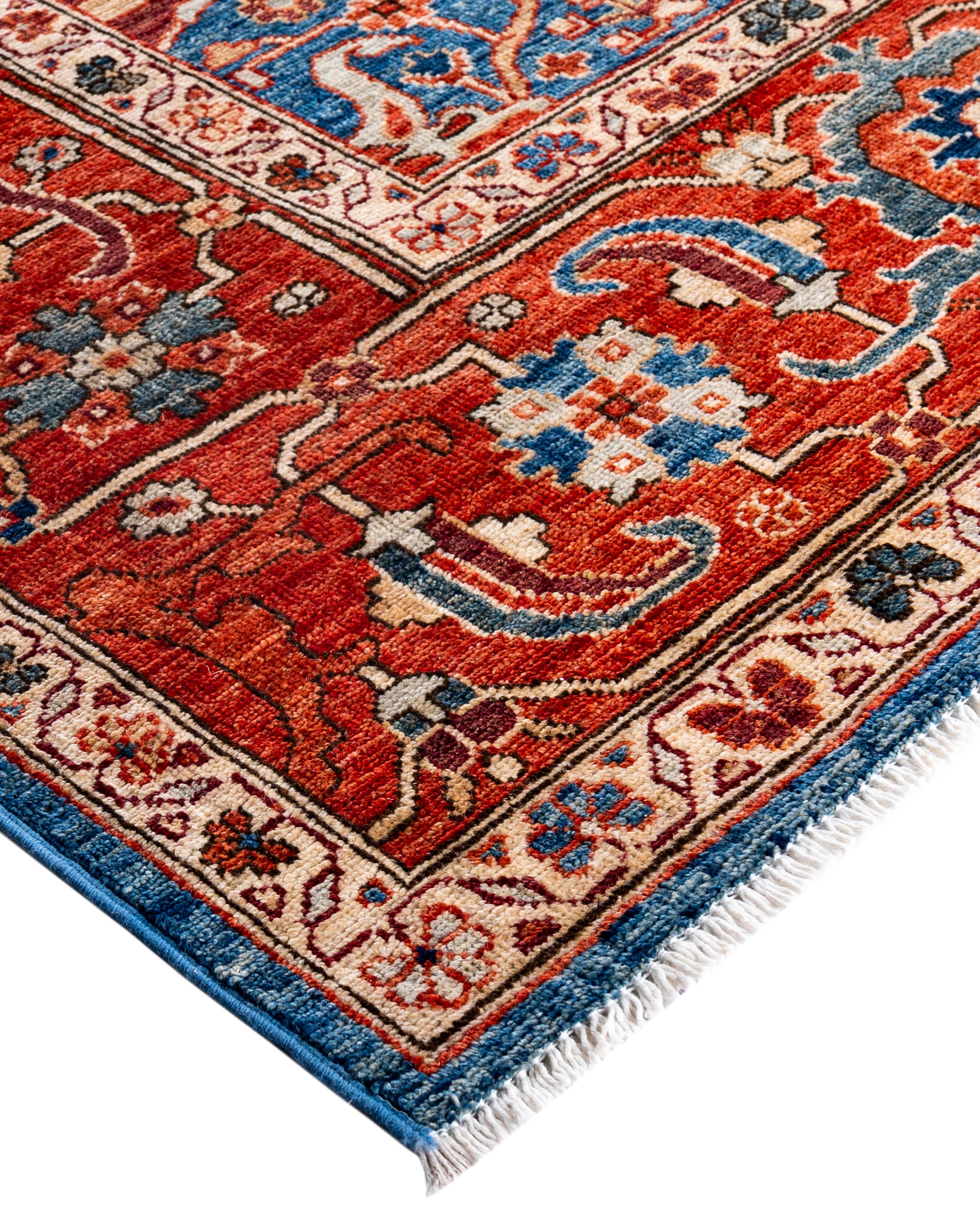 Serapi rugs are known for their bold, geometric designs and rich colors, often featuring a central medallion surrounded by intricate patterns. They typically use a warm, earthy color palette with deep reds, blues, ivory, and occasional greens. The