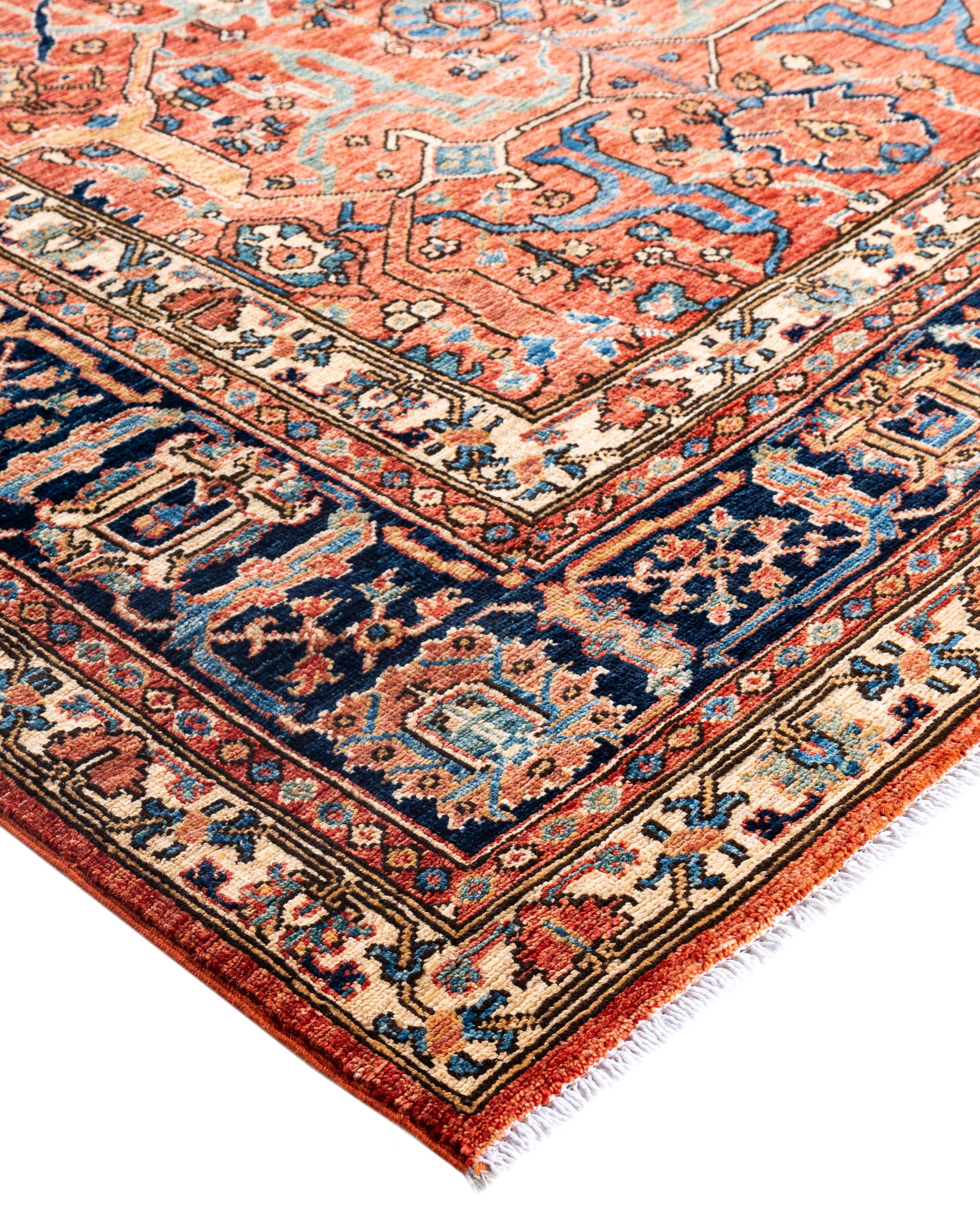 Serapi rugs are known for their bold, geometric designs and rich colors, often featuring a central medallion surrounded by intricate patterns. They typically use a warm, earthy color palette with deep reds, blues, ivory, and occasional greens. The