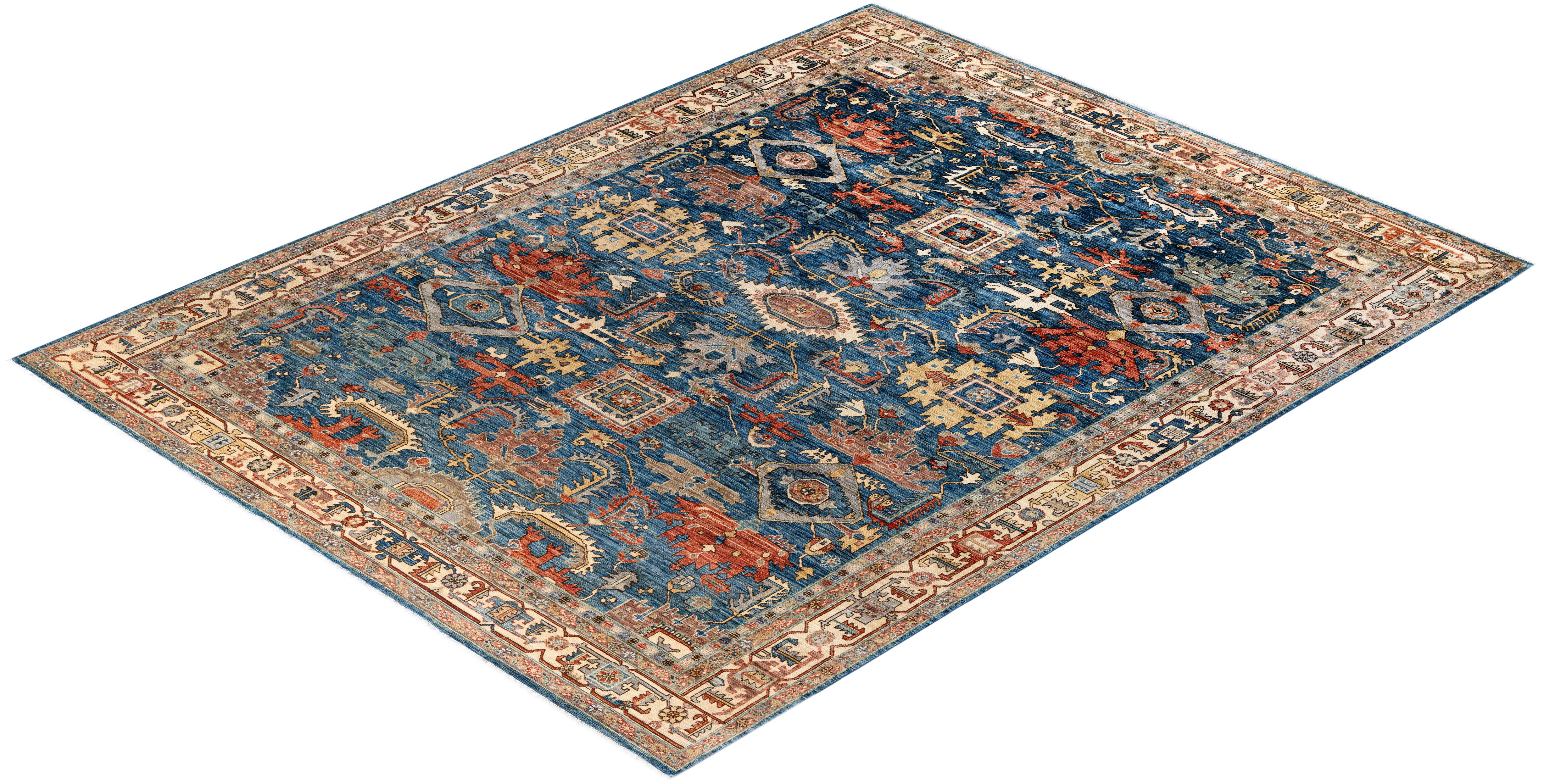 Alfombra de lana azul única Serapi 30 cm x 30 cm en venta 1