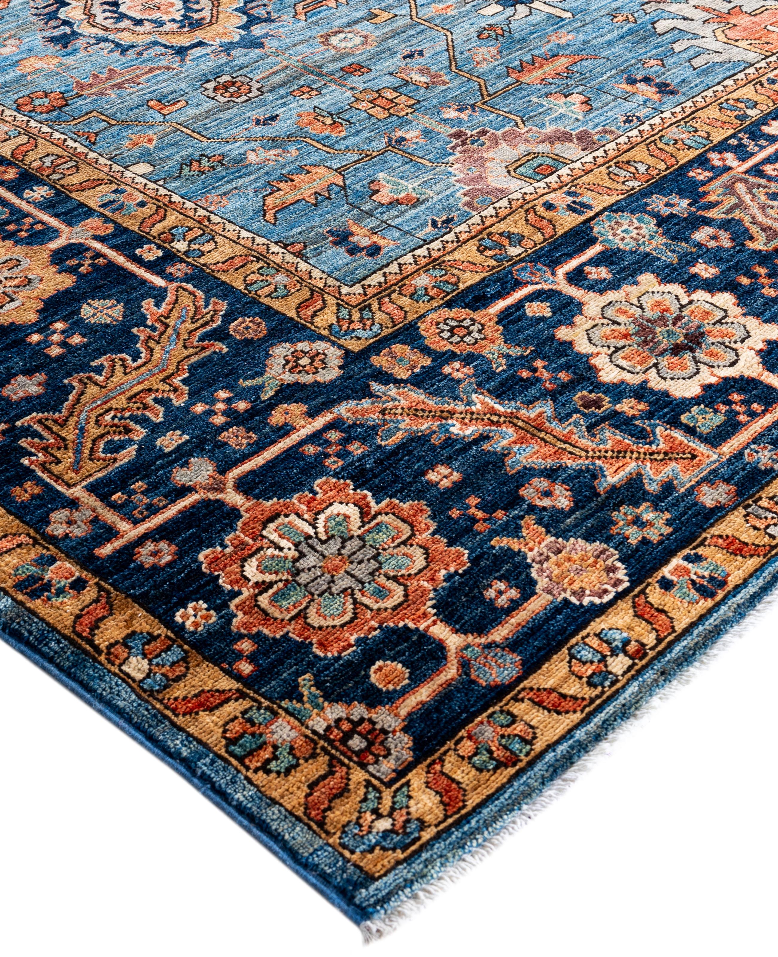 Serapi rugs are known for their bold, geometric designs and rich colors, often featuring a central medallion surrounded by intricate patterns. They typically use a warm, earthy color palette with deep reds, blues, ivory, and occasional greens. The