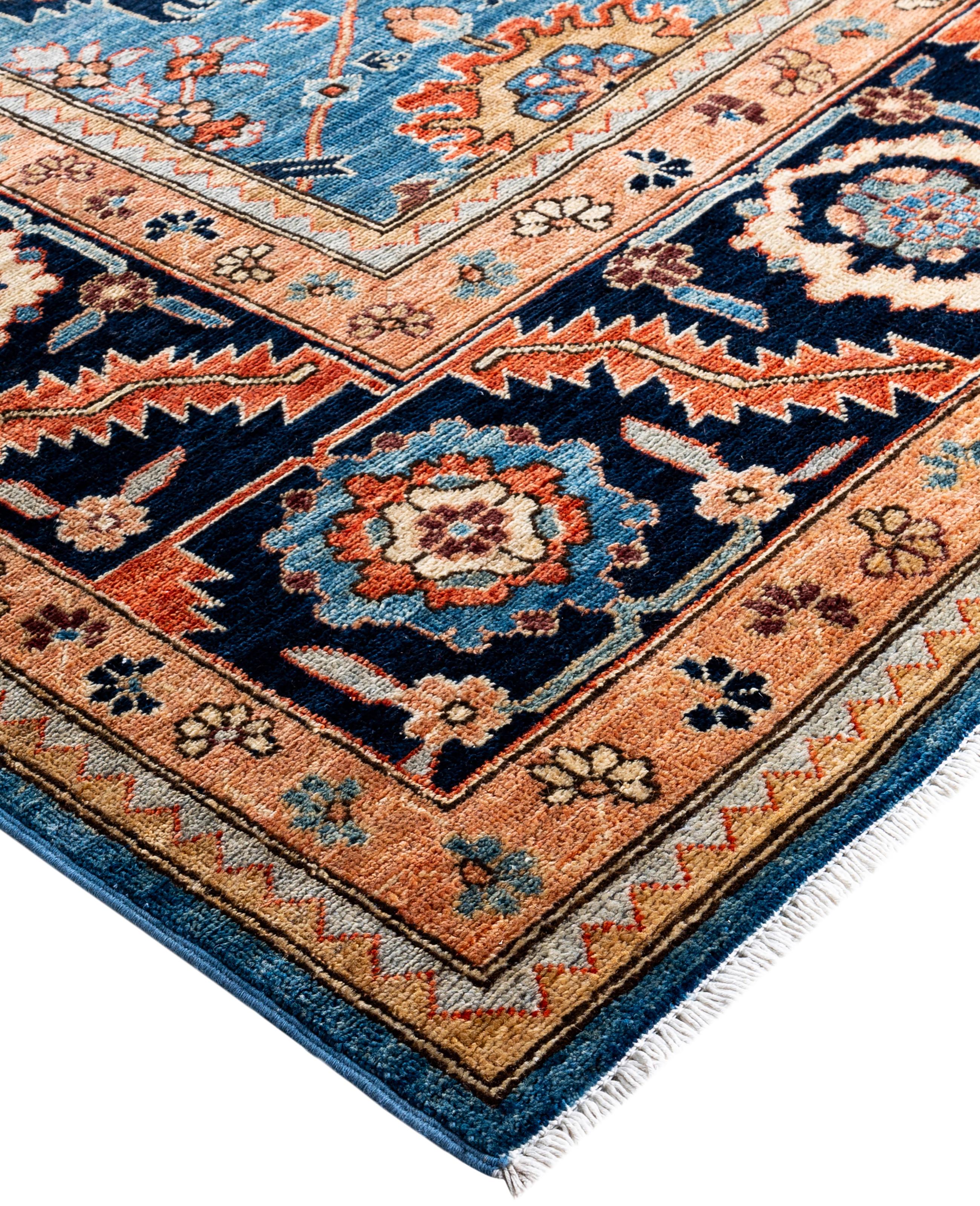 Serapi rugs are known for their bold, geometric designs and rich colors, often featuring a central medallion surrounded by intricate patterns. They typically use a warm, earthy color palette with deep reds, blues, ivory, and occasional greens. The