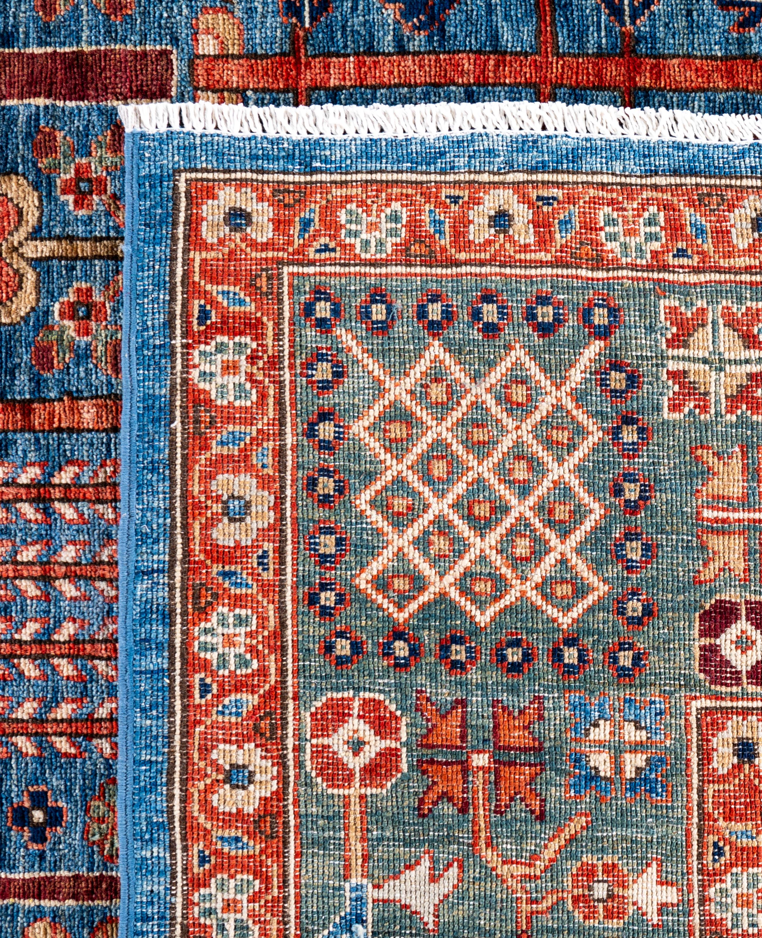 Serapi Tapis unique en son genre en laine bleue 9' 3
