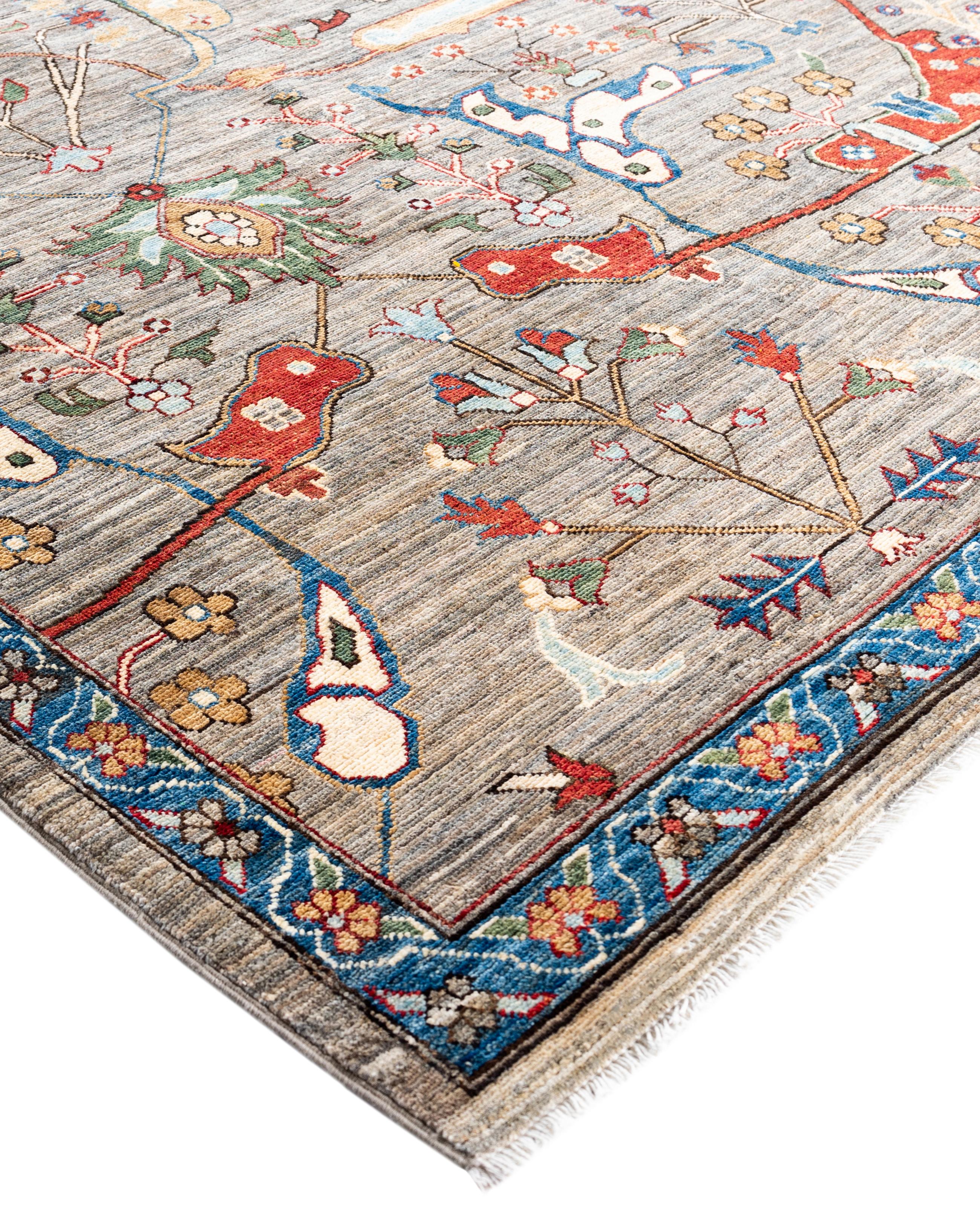 Serapi rugs are known for their bold, geometric designs and rich colors, often featuring a central medallion surrounded by intricate patterns. They typically use a warm, earthy color palette with deep reds, blues, ivory, and occasional greens. The