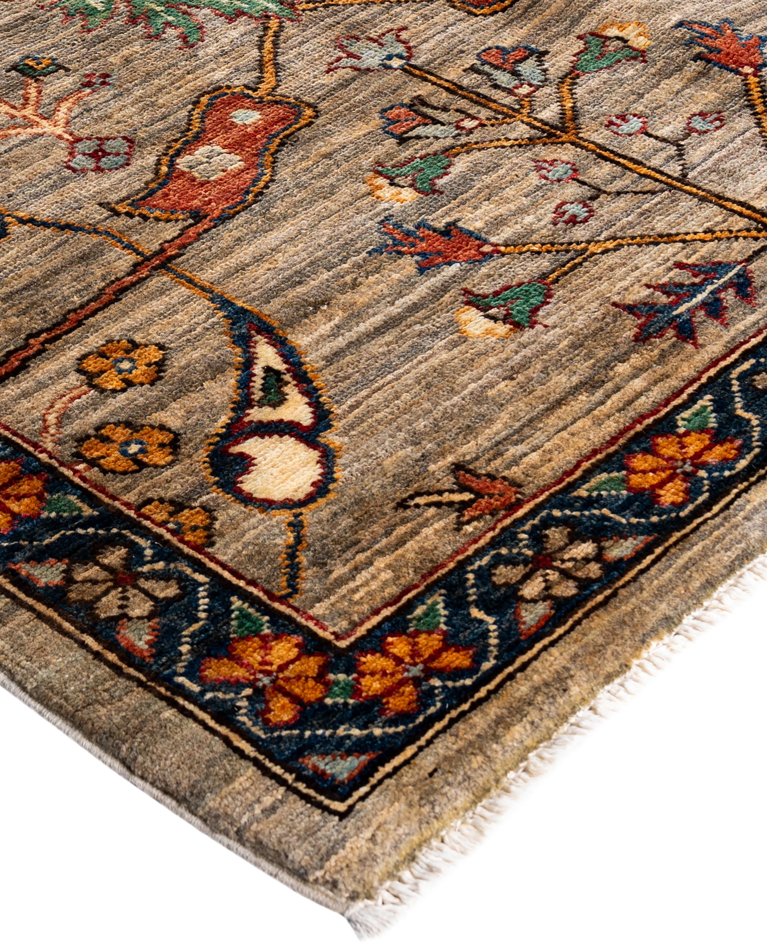 Serapi rugs are known for their bold, geometric designs and rich colors, often featuring a central medallion surrounded by intricate patterns. They typically use a warm, earthy color palette with deep reds, blues, ivory, and occasional greens. The