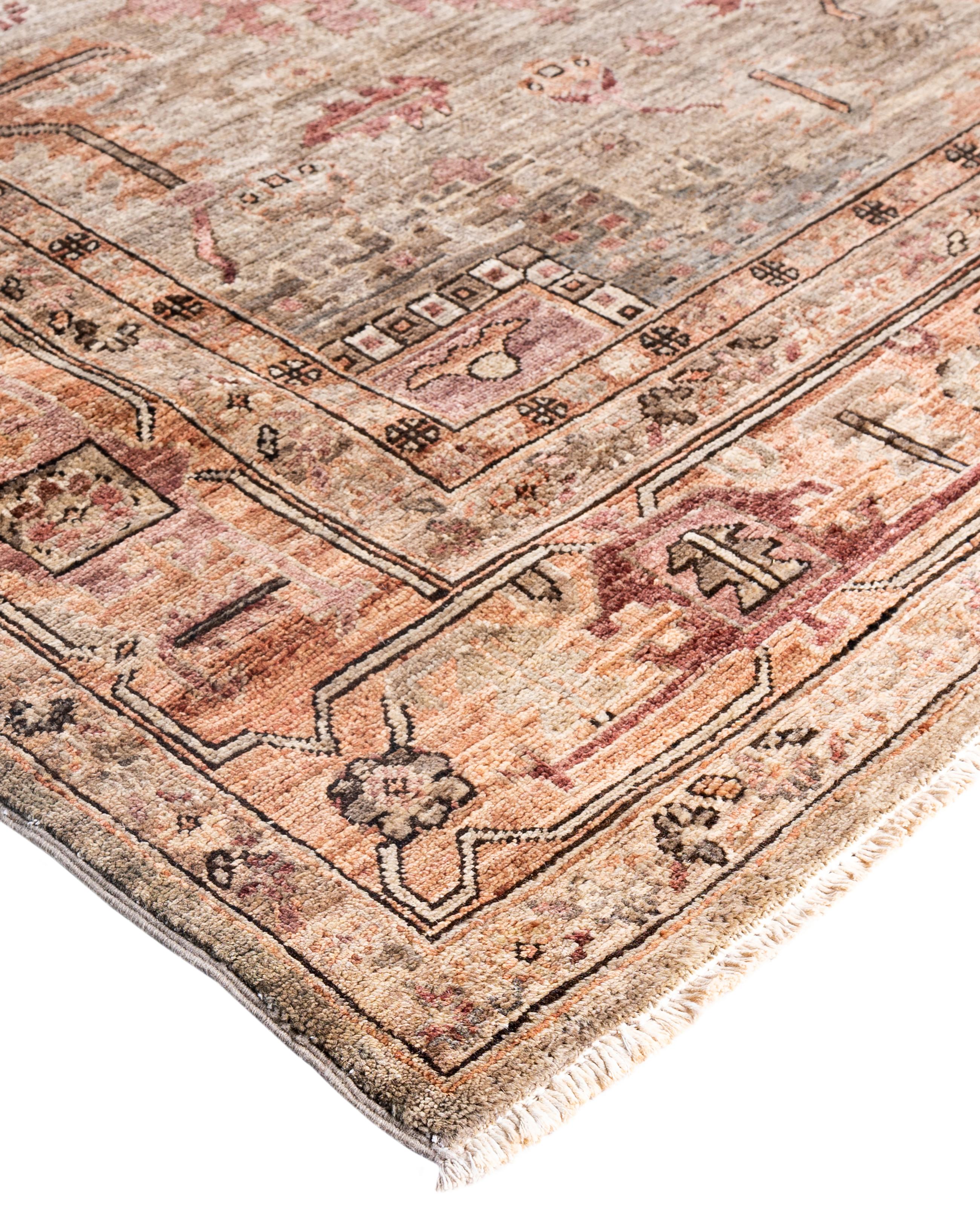 Serapi rugs are known for their bold, geometric designs and rich colors, often featuring a central medallion surrounded by intricate patterns. They typically use a warm, earthy color palette with deep reds, blues, ivory, and occasional greens. The