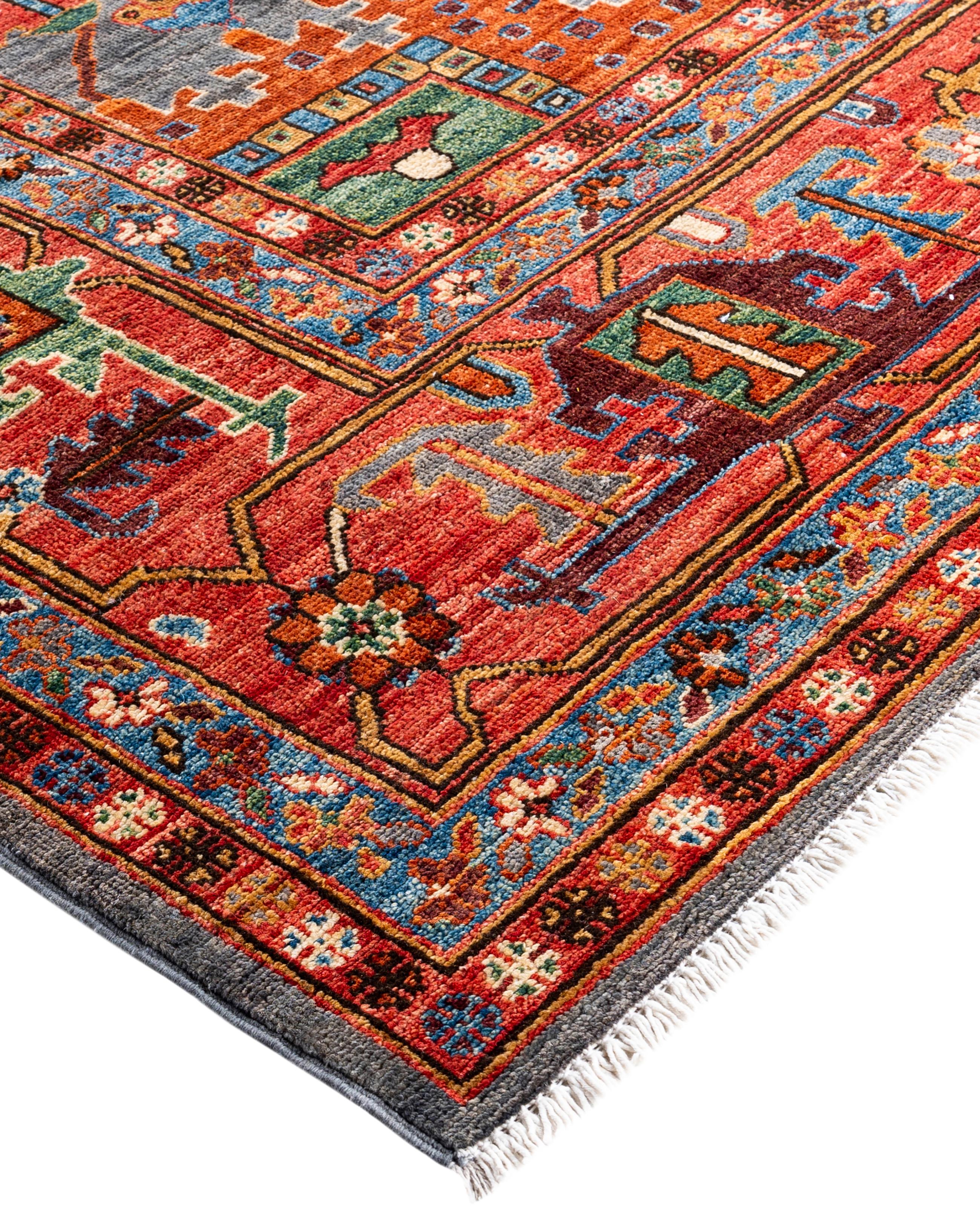 Serapi rugs are known for their bold, geometric designs and rich colors, often featuring a central medallion surrounded by intricate patterns. They typically use a warm, earthy color palette with deep reds, blues, ivory, and occasional greens. The