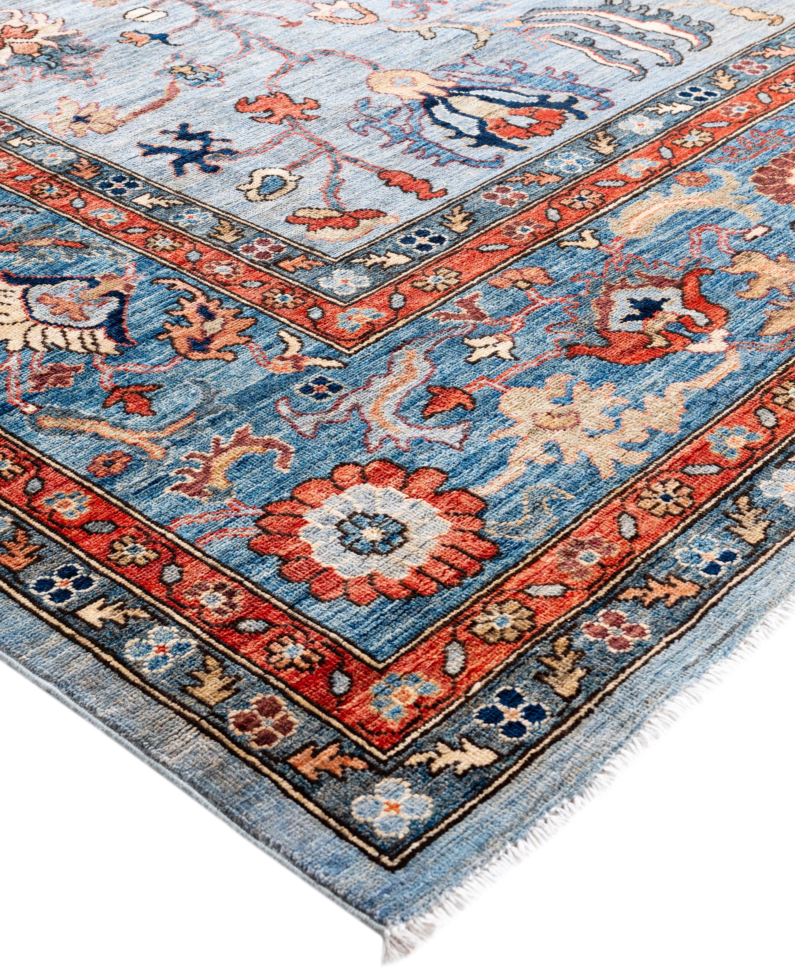 Serapi rugs are known for their bold, geometric designs and rich colors, often featuring a central medallion surrounded by intricate patterns. They typically use a warm, earthy color palette with deep reds, blues, ivory, and occasional greens. The