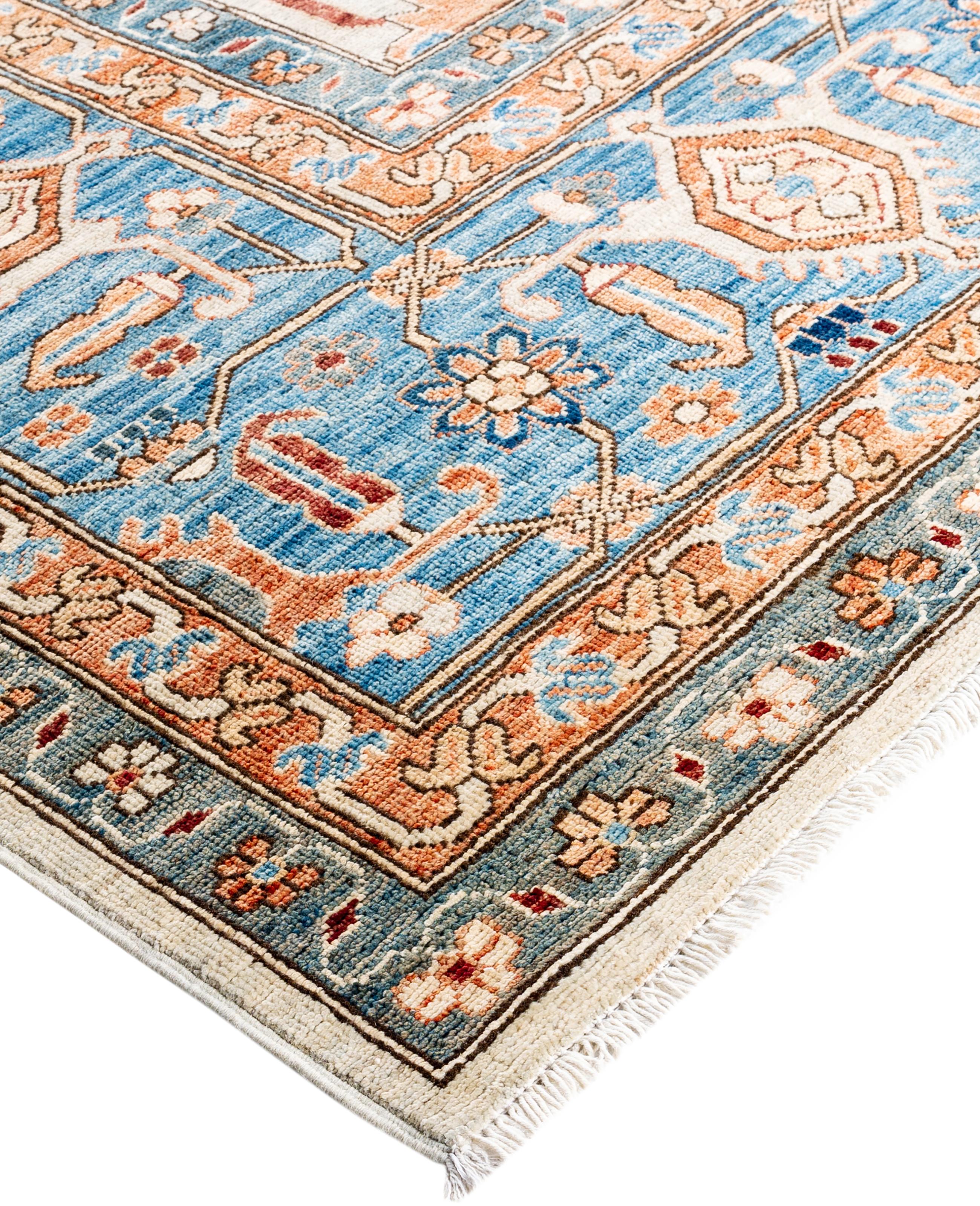 Serapi rugs are known for their bold, geometric designs and rich colors, often featuring a central medallion surrounded by intricate patterns. They typically use a warm, earthy color palette with deep reds, blues, ivory, and occasional greens. The