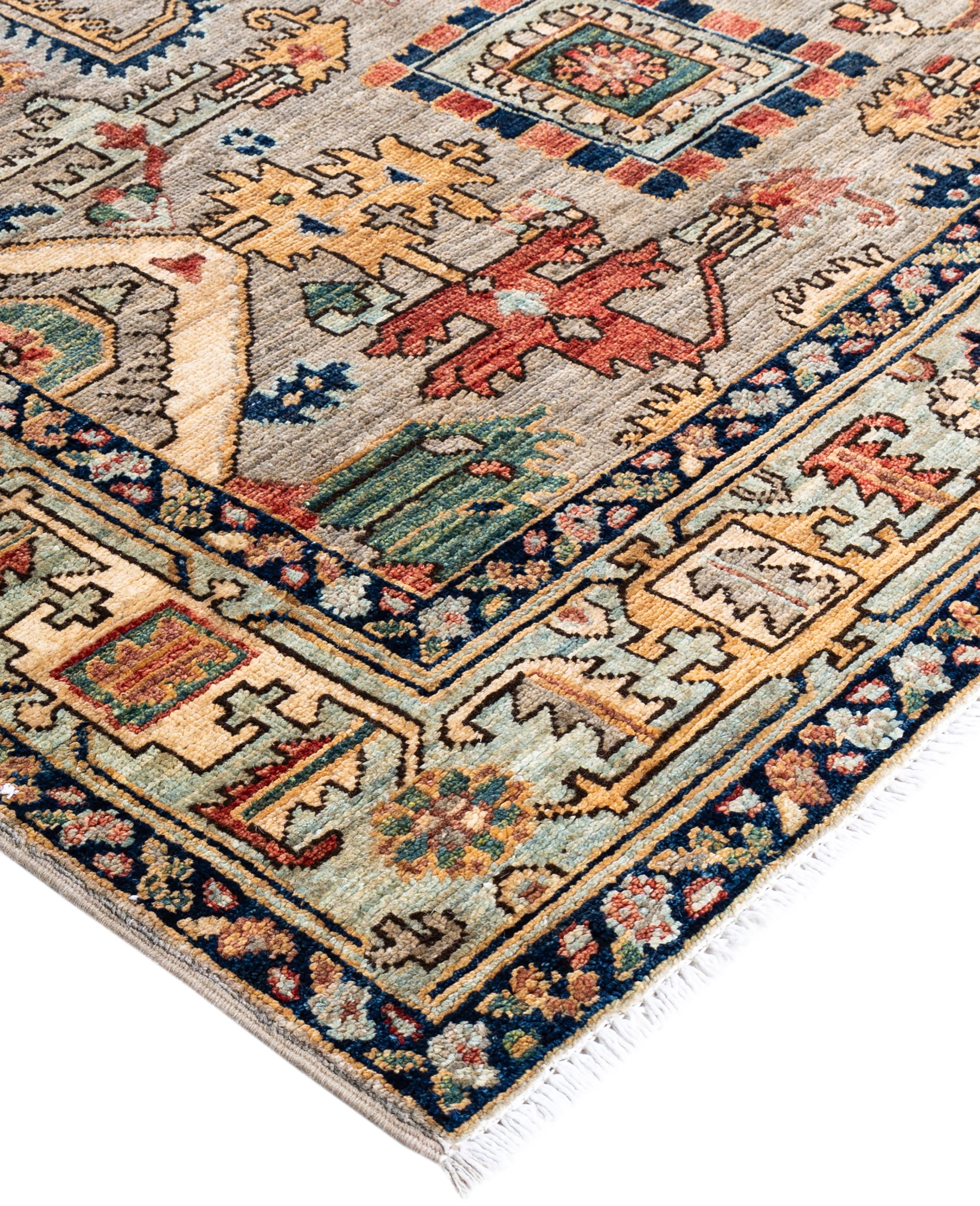 Serapi rugs are known for their bold, geometric designs and rich colors, often featuring a central medallion surrounded by intricate patterns. They typically use a warm, earthy color palette with deep reds, blues, ivory, and occasional greens. The