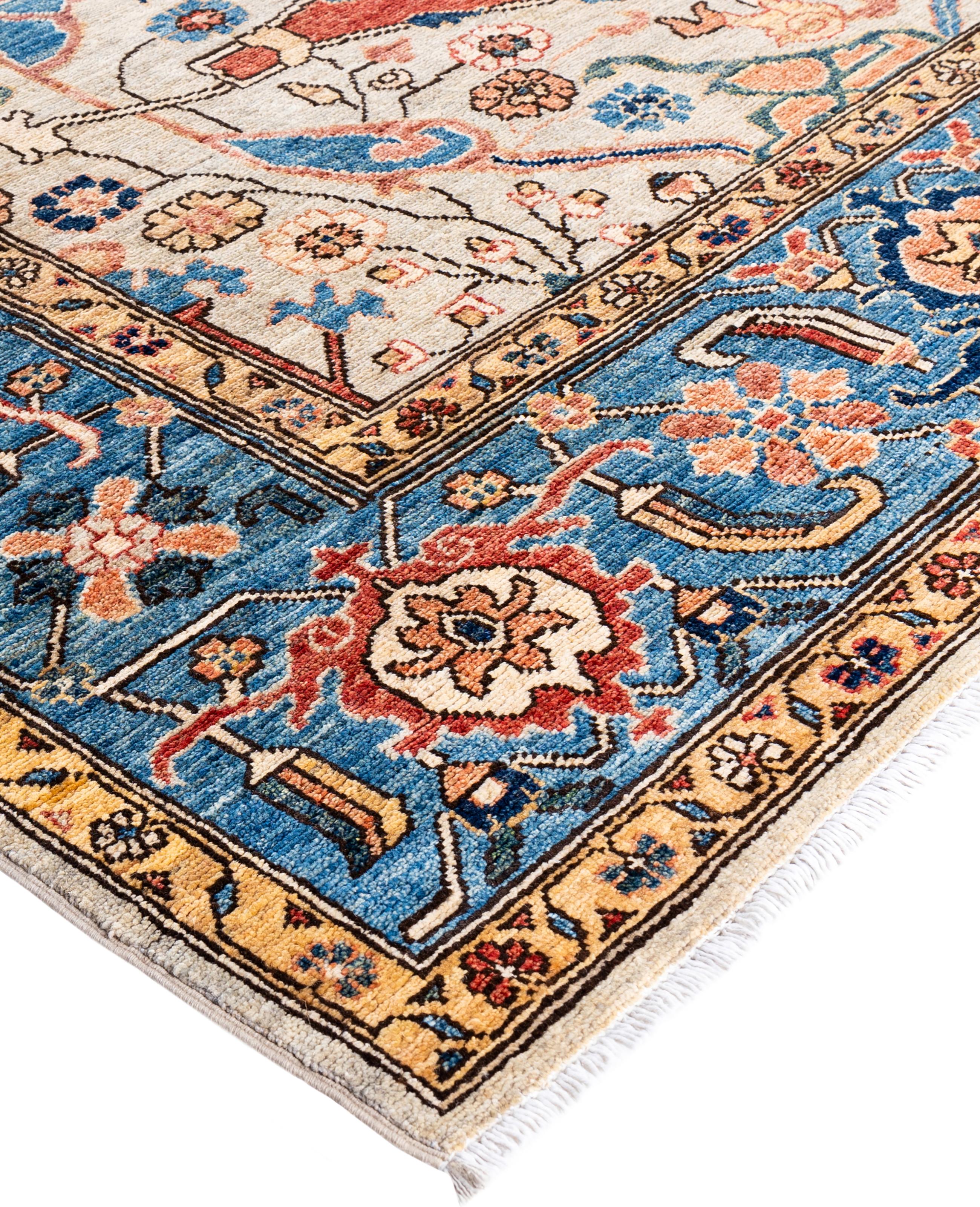 Serapi rugs are known for their bold, geometric designs and rich colors, often featuring a central medallion surrounded by intricate patterns. They typically use a warm, earthy color palette with deep reds, blues, ivory, and occasional greens. The