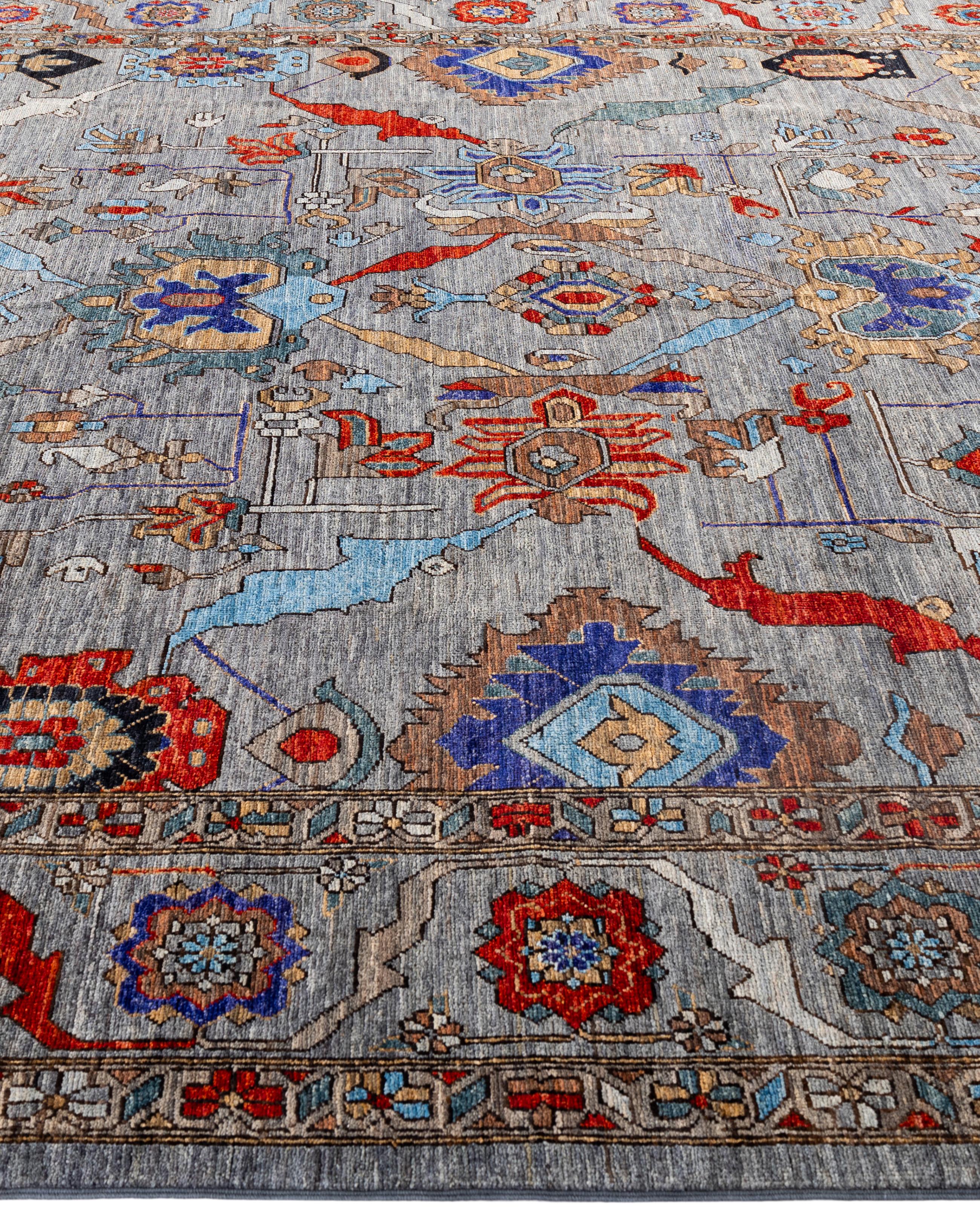 Noué à la main Serapi Tapis de sol unique en son genre en laine grise 8' 1