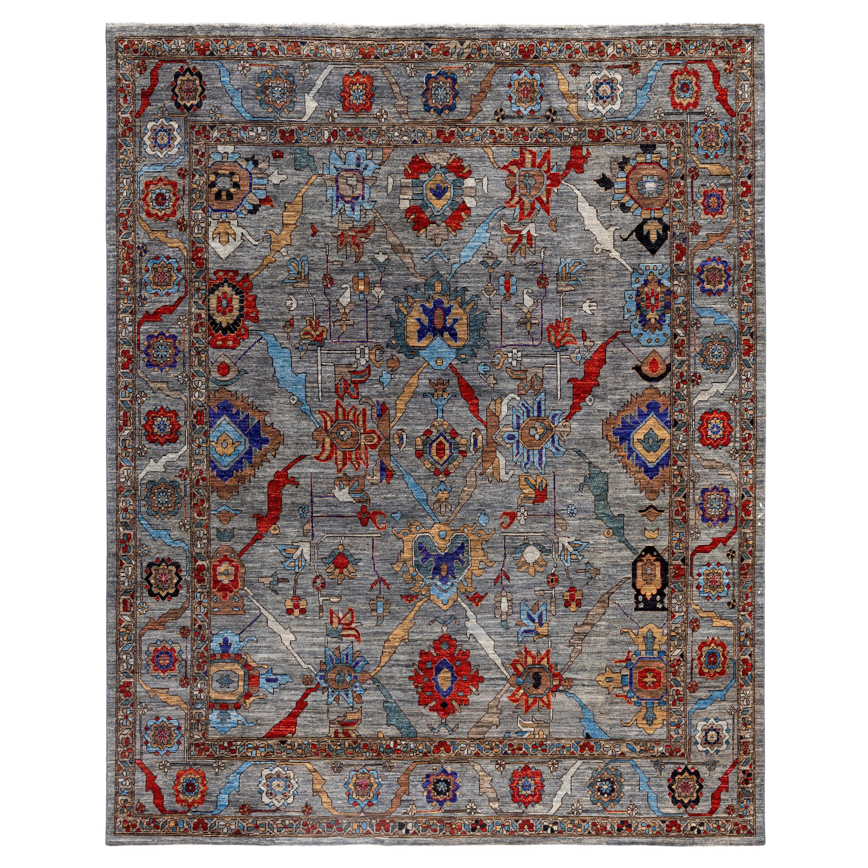 Serapi Tapis de sol unique en son genre en laine grise 8' 1" x 10' 0" en vente